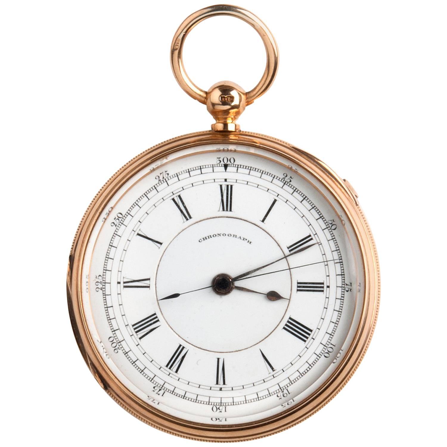 18 Karat Gold 1/5 Centre Seconds Chronograph Pocket Watch, Thomas Carr 1879-1880 For Sale