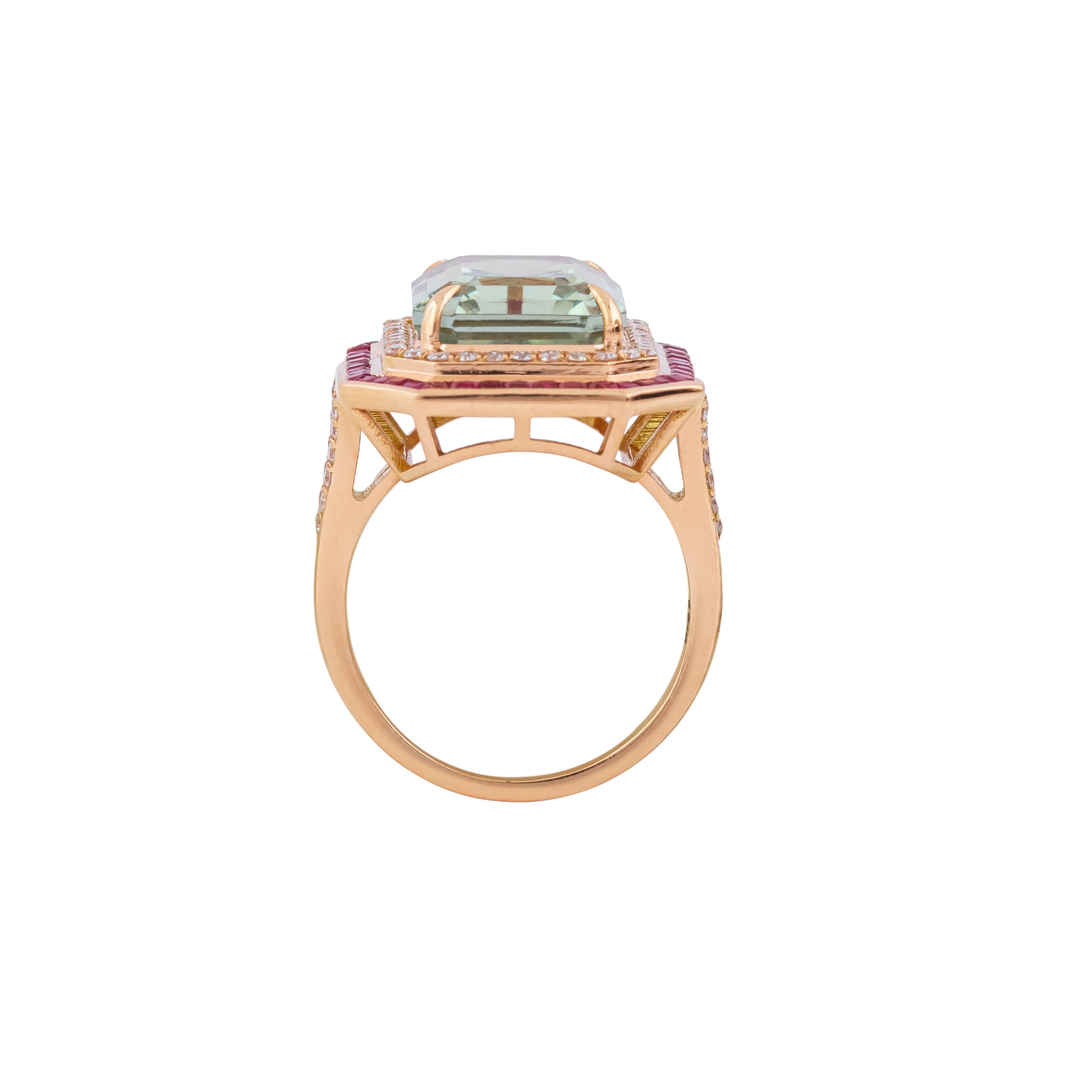 Anillo solitario de oro de 18 quilates con diamante de 10,04 quilates, amatista verde y rubí Corte brillante en venta