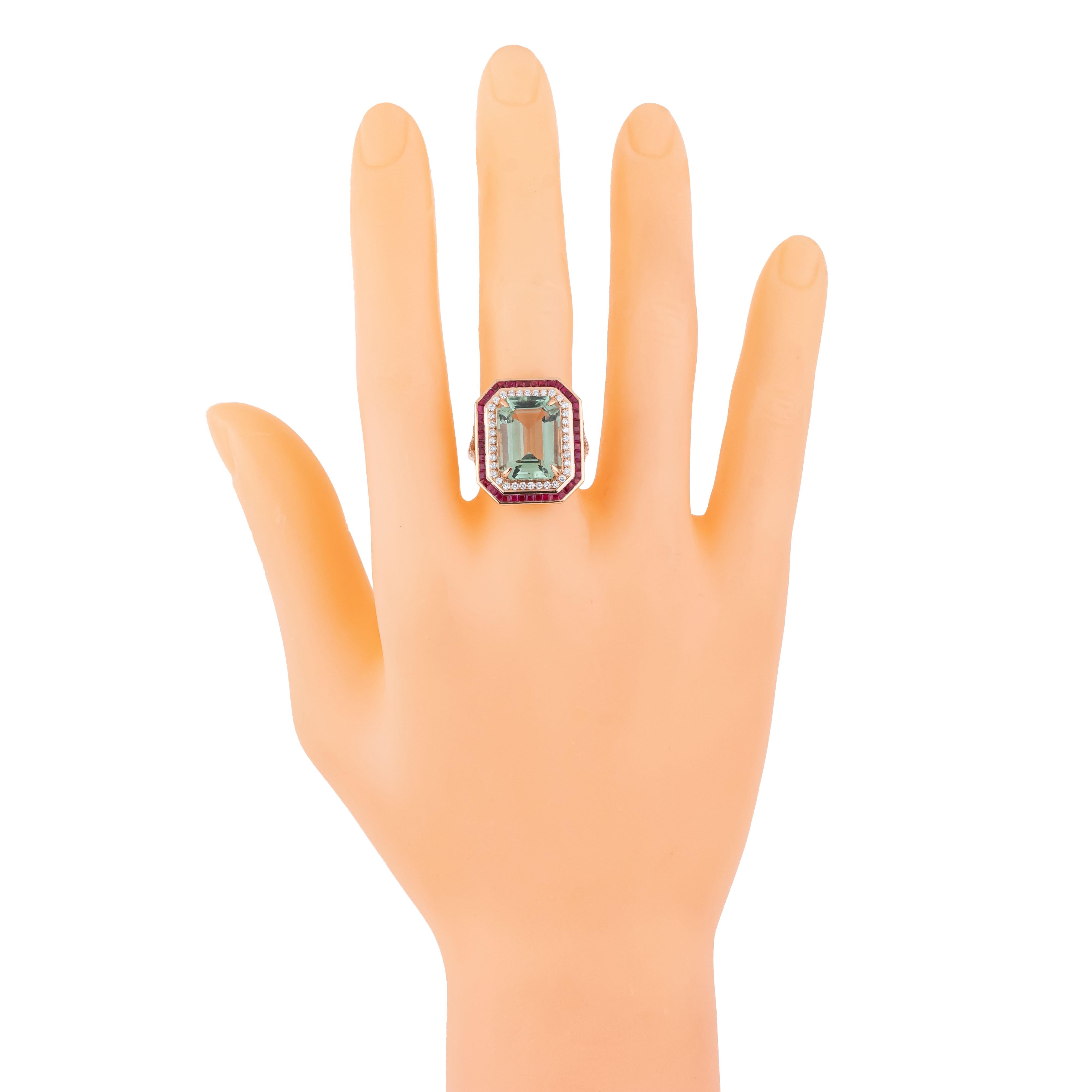 Anillo solitario de oro de 18 quilates con diamante de 10,04 quilates, amatista verde y rubí en Nuevo estado para la venta en Jaipur, IN