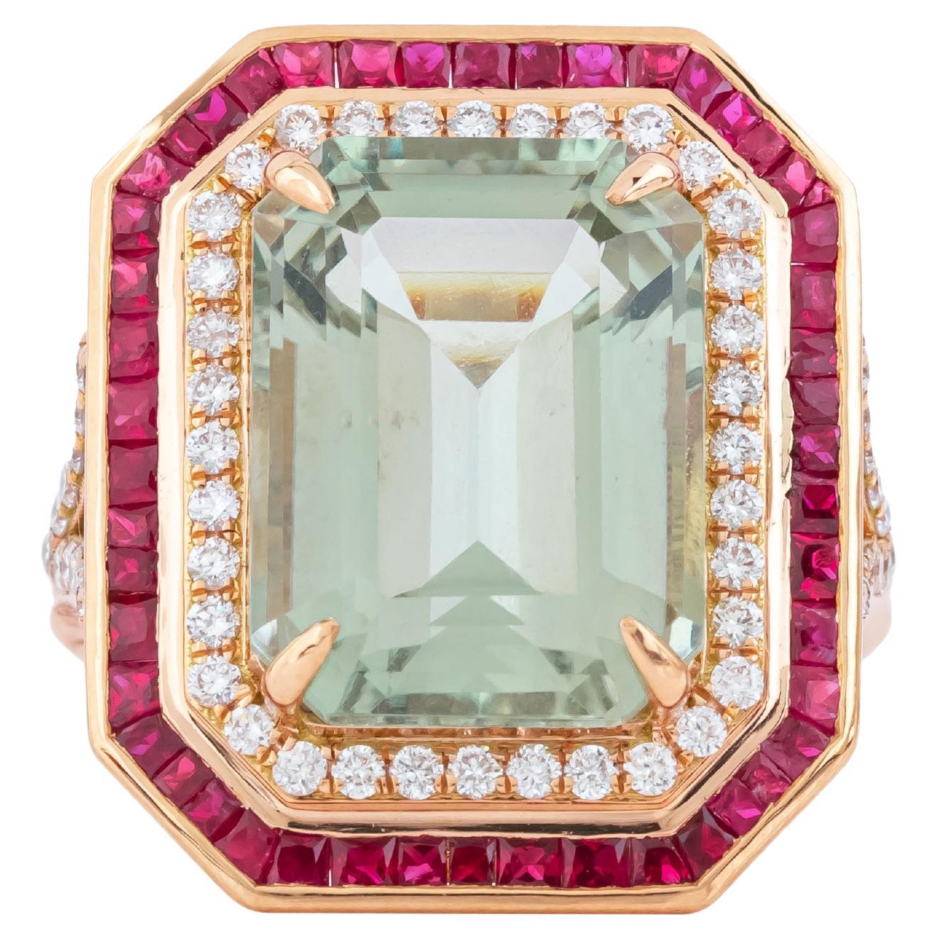 18 Karat Gold 10.04 Carat Diamond, Green Amethyst and Ruby Solitaire Ring