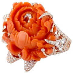18 Karat Gold 1.03 Carat Diamond 0.97 Carat Sapphire 45.31 Carat Coral Rose Ring