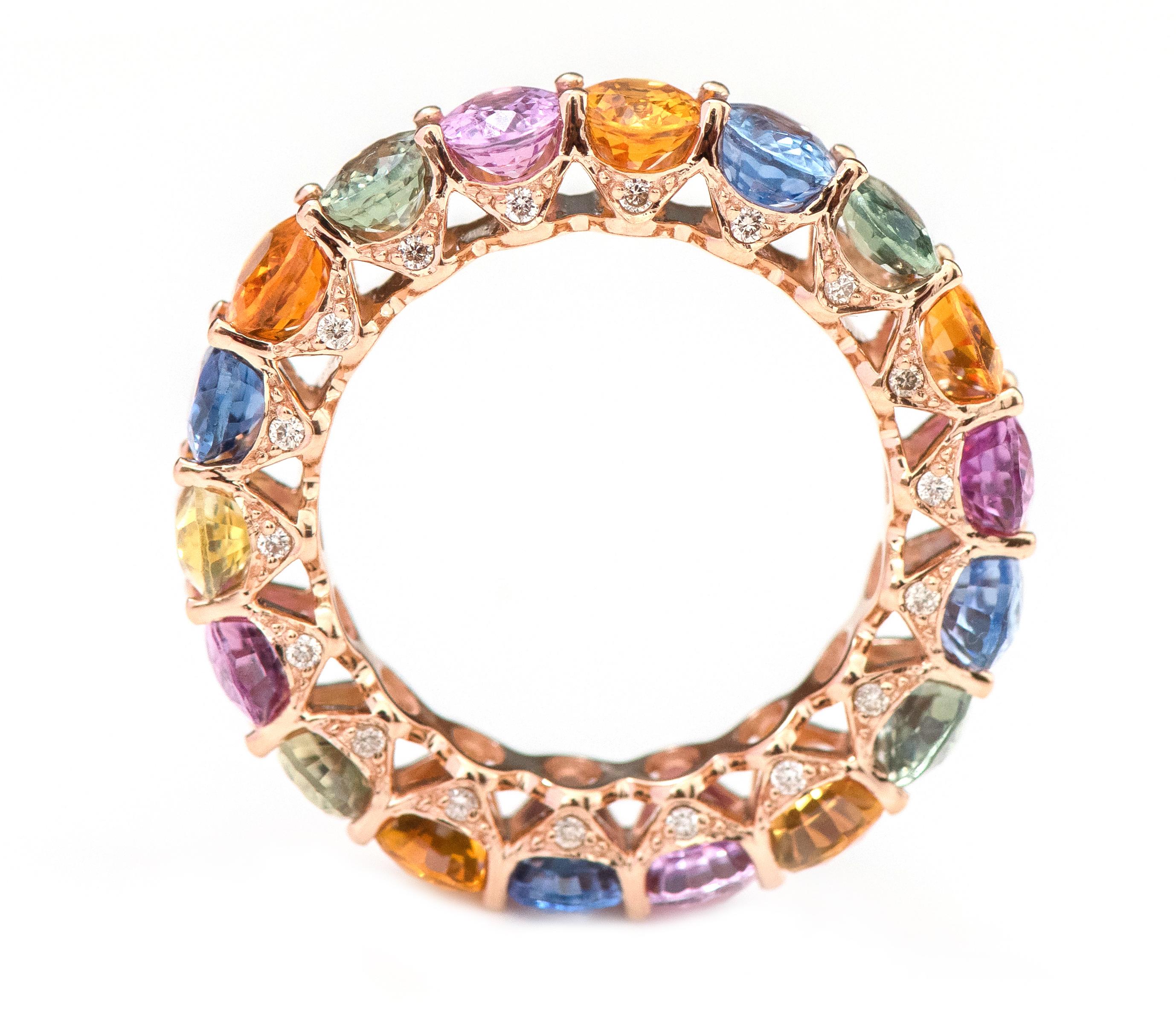 Modern 18 Karat Gold 10.47 Carat Oval-Cut Multi-Sapphire and Diamond Eternity Band Ring For Sale