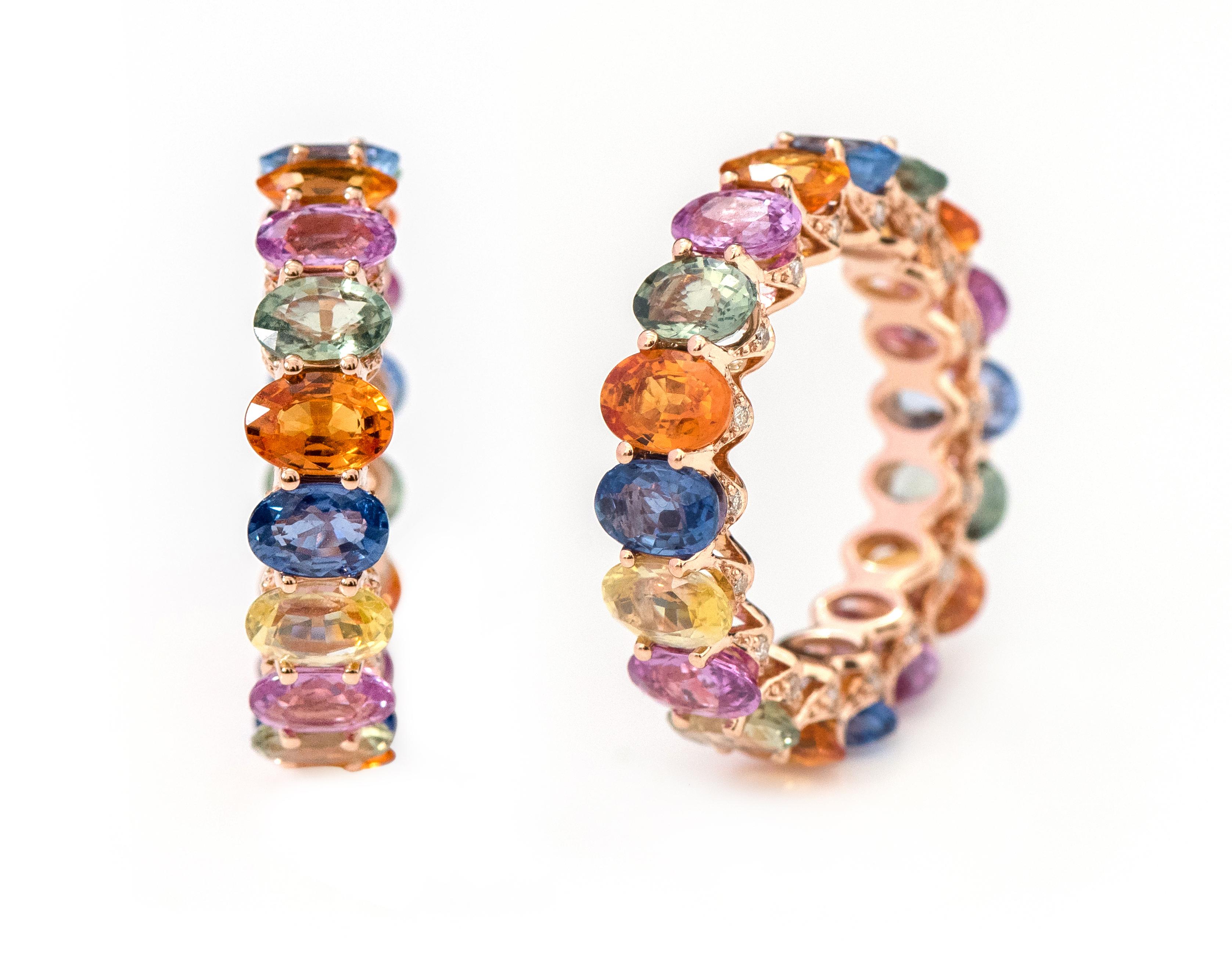 Oval Cut 18 Karat Gold 10.47 Carat Oval-Cut Multi-Sapphire and Diamond Eternity Band Ring For Sale