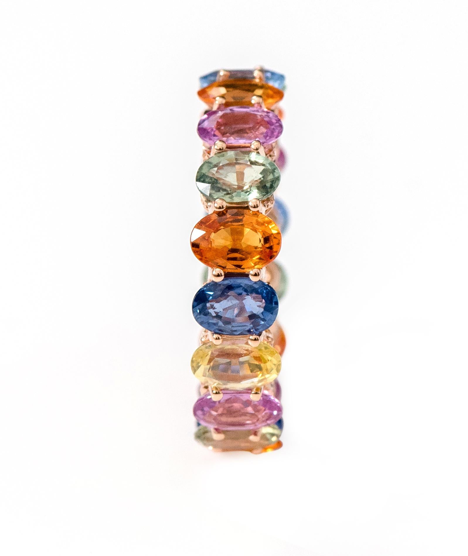 Women's 18 Karat Gold 10.47 Carat Oval-Cut Multi-Sapphire and Diamond Eternity Band Ring For Sale