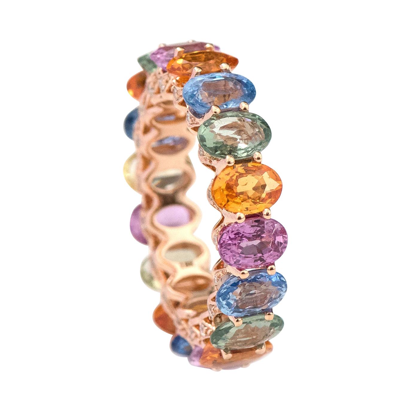 18 Karat Gold 10.47 Carat Oval-Cut Multi-Sapphire and Diamond Eternity Band Ring