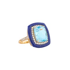 18 Karat Gold 10.5 Carat Diamond, Lapis Lazuli and Blue Topaz Solitaire Ring