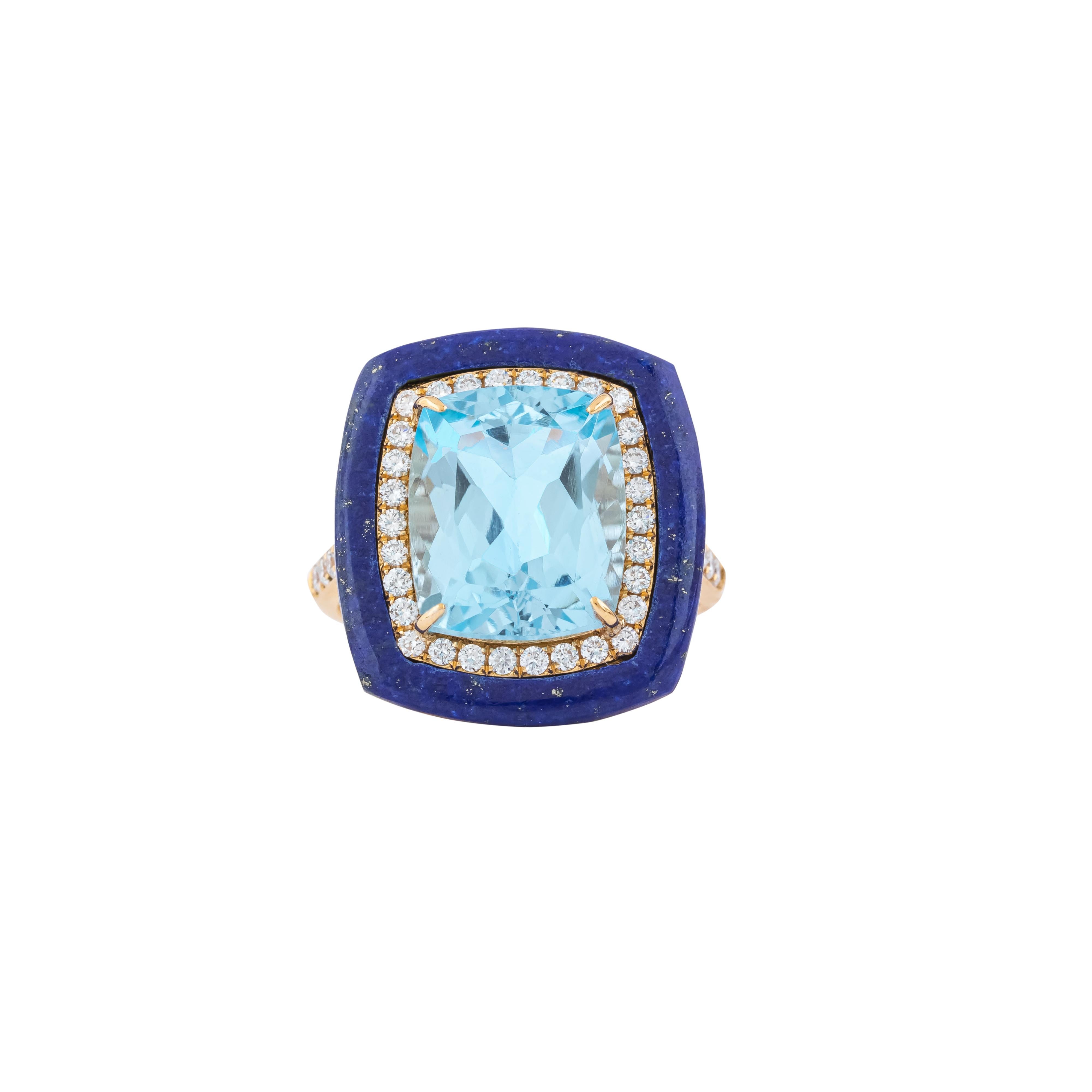 Women's 18 Karat Gold 10.5 Carat Diamond, Lapis Lazuli and Blue Topaz Solitaire Ring For Sale