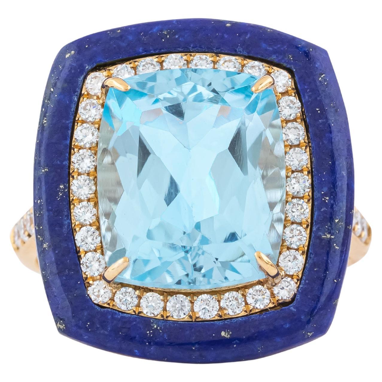 18 Karat Gold 10.5 Carat Diamond, Lapis Lazuli and Blue Topaz Solitaire Ring