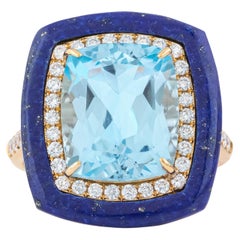18 Karat Gold 10.5 Carat Diamond, Lapis Lazuli and Blue Topaz Solitaire Ring
