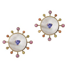 Boucles d'oreilles en or 18 carats, opale blanche de 0,8 carat, tanzanite, saphirs et diamants