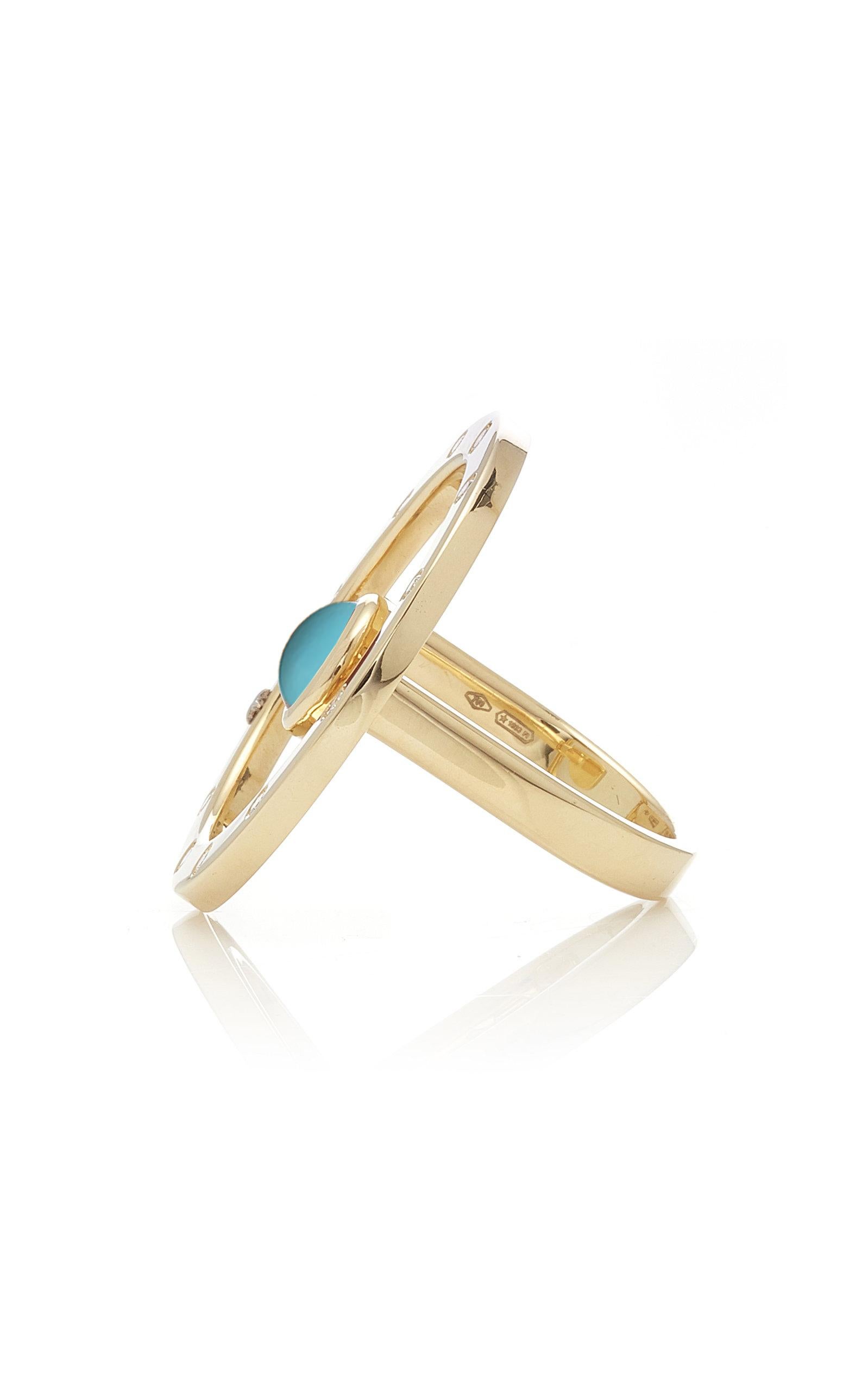 Contemporary 18 Karat Gold, 11 Diamonds 0.22 Carat, Turquoise Cabochon Cut, Cocktail Ring For Sale