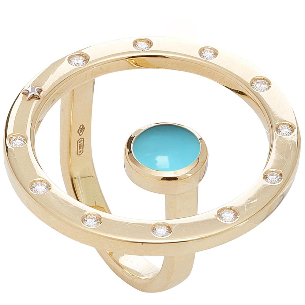 18 Karat Gold, 11 Diamonds 0.22 Carat, Turquoise Cabochon Cut, Cocktail Ring