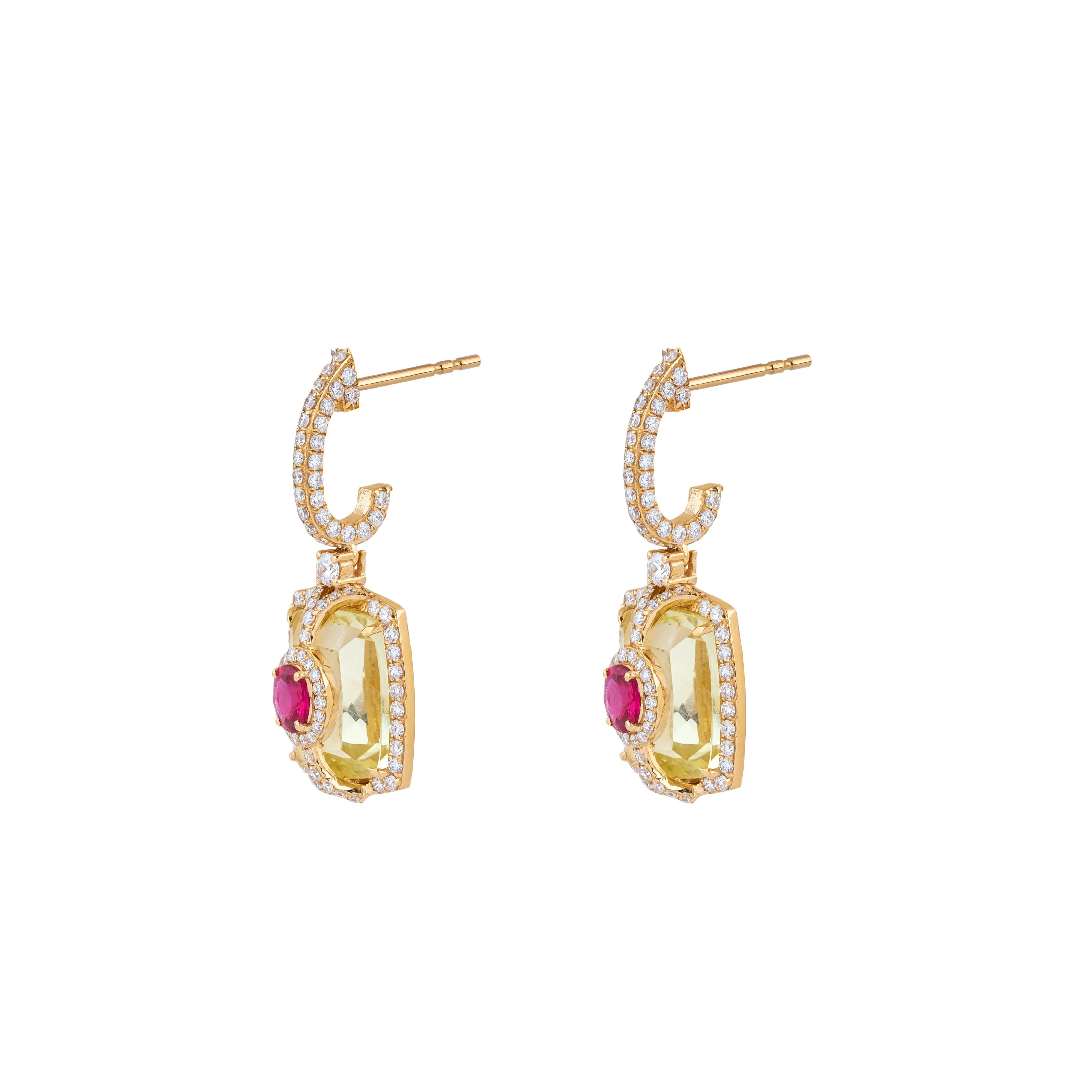 Orecchini pendenti in oro 18 carati con diamante, topazio limone e rubino da 11,5 carati In condizioni Nuovo in vendita a Jaipur, IN