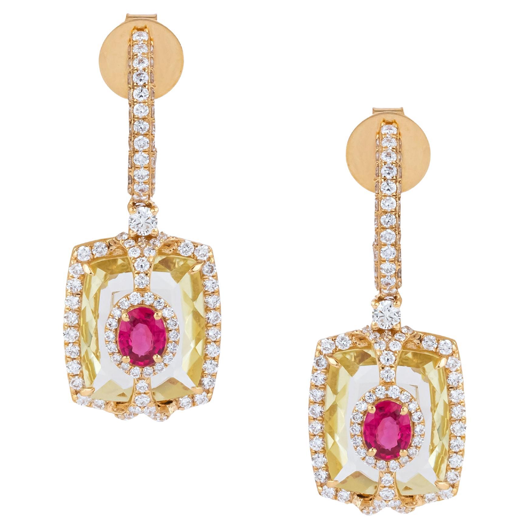 Pendientes colgantes de oro de 18 quilates con diamantes de 11,5 quilates, topacio limón y rubí