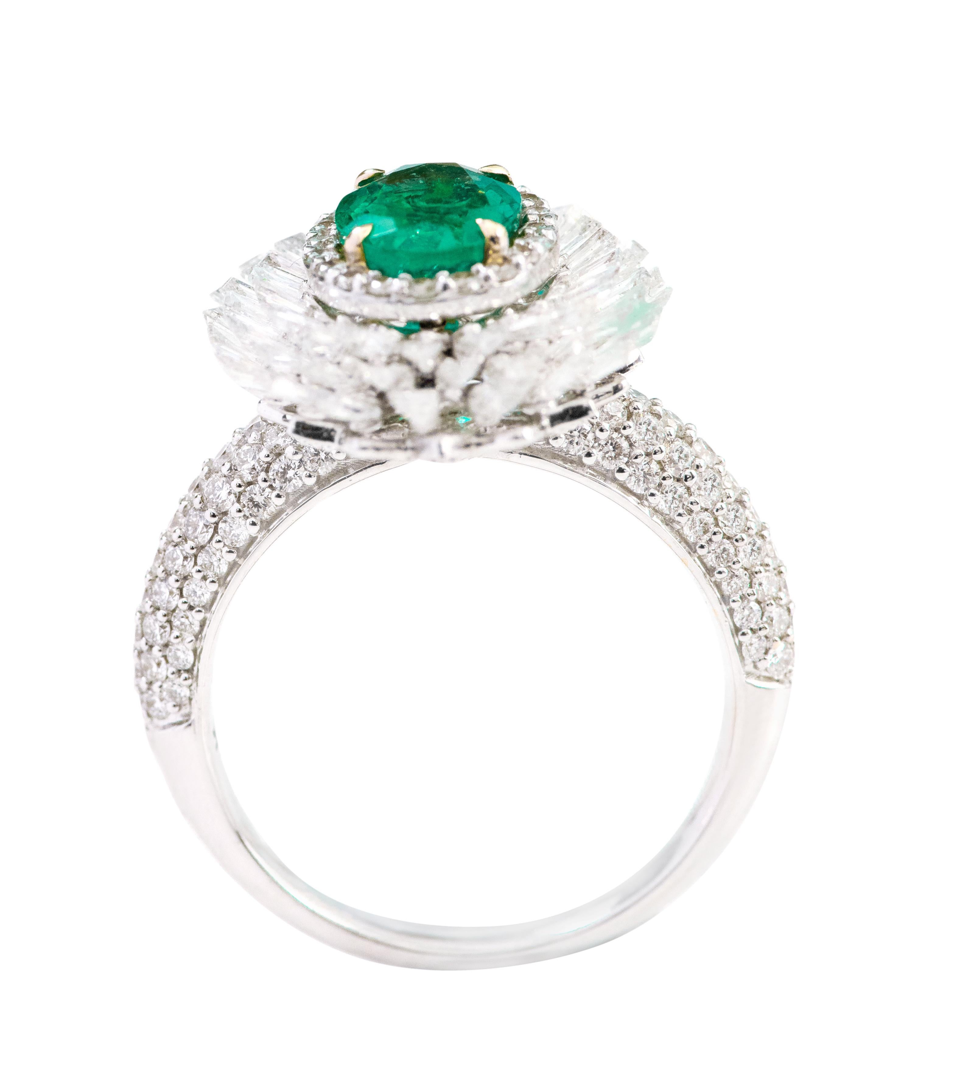 Women's 18 Karat Gold 1.15 Carat Natural Emerald and Diamond Cluster Statement Ring For Sale