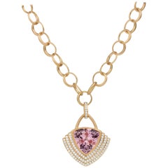 18 Karat Gold, 11.71 Carat Morganite, 1.14 Carat Diamond Link Necklace