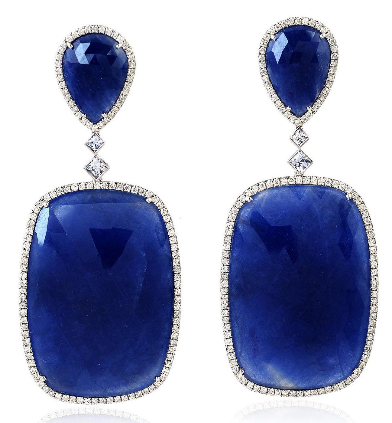 Taglio a rosa MEGHNA JEWELS Orecchini in oro 14 carati con diamanti e zaffiri blu da 118,76 carati in vendita