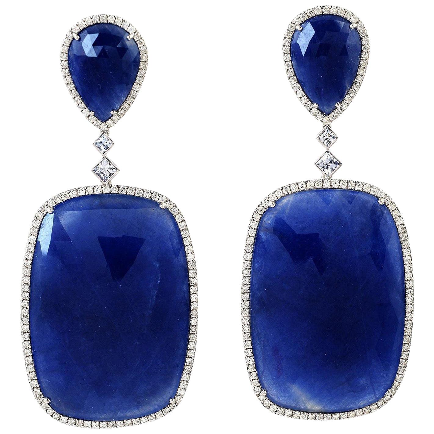 18 Karat Gold 118.76 Carat Blue Sapphire Diamond Earrings