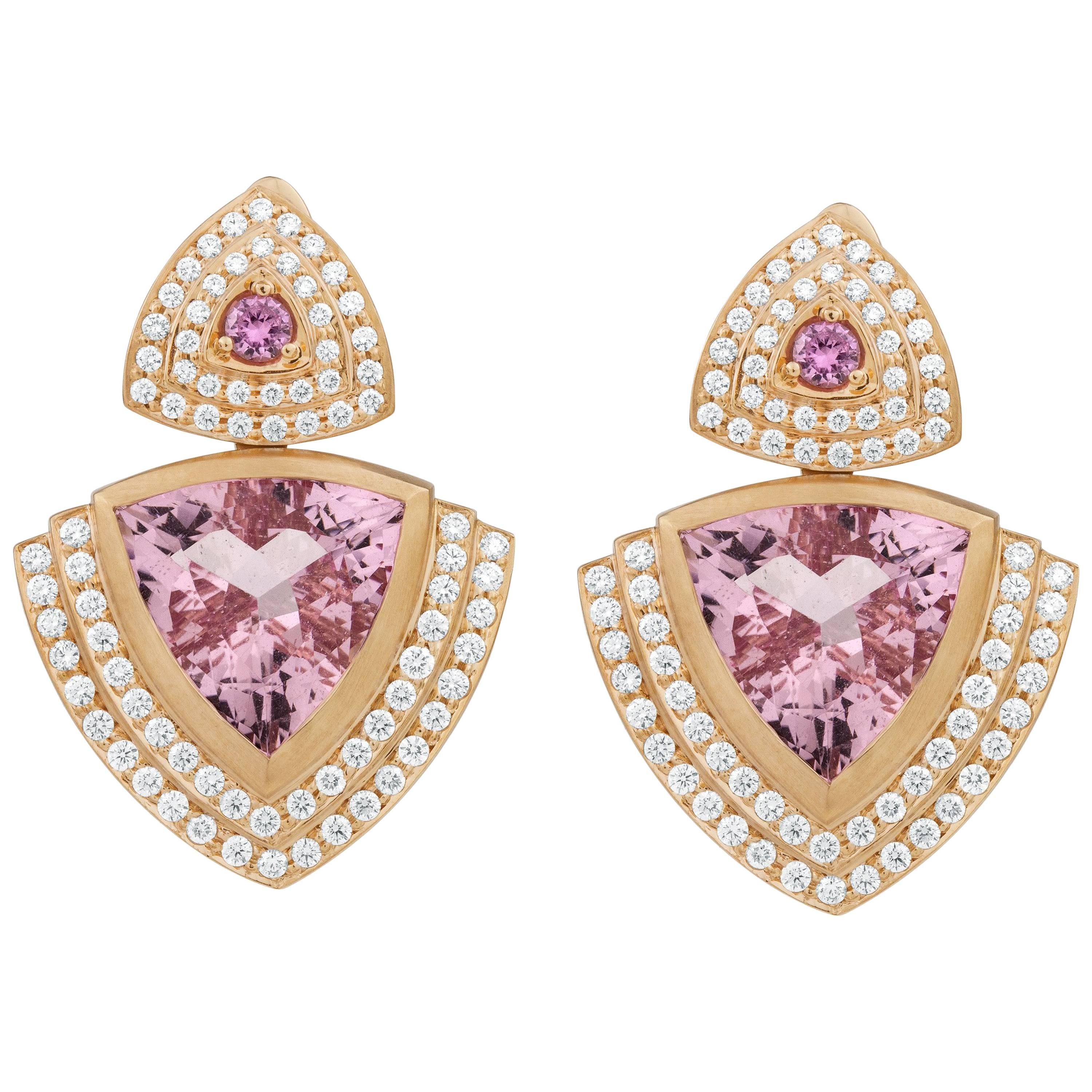 18 Karat Gold, 12.14 Carat Morganite, 1.52 Carat Diamond Drop Earrings For Sale