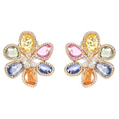 18 Karat Gold 12.51 Carat Diamond and Sapphire Flower Stud Earrings