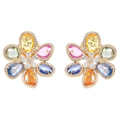 Clous d'oreilles fleur en or 18 carats avec diamants de 12,51 carats et saphirs