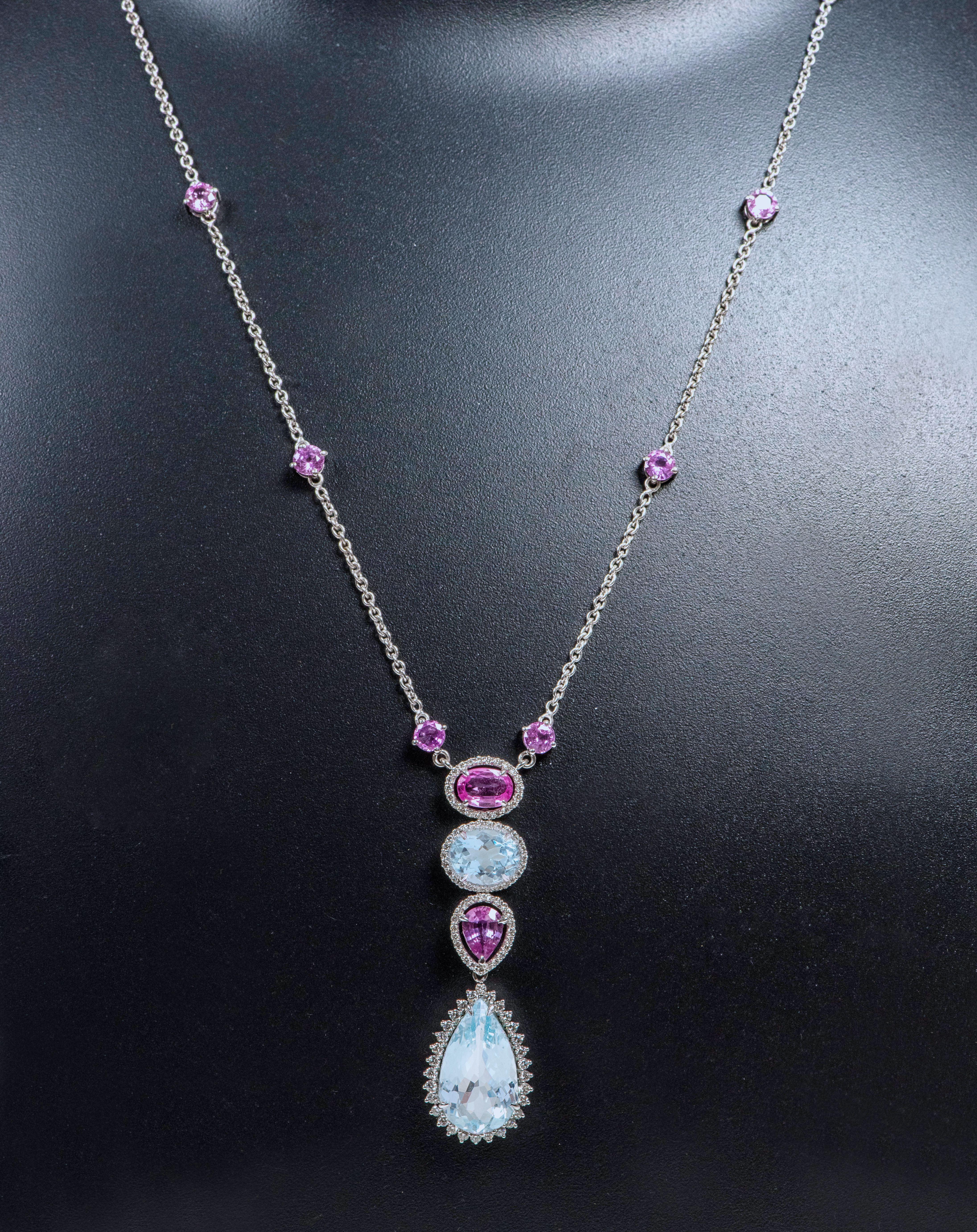 Pear Cut 18 Karat Gold 12.81 Carat Aquamarine, Sapphire, and Diamond Pendant Necklace For Sale