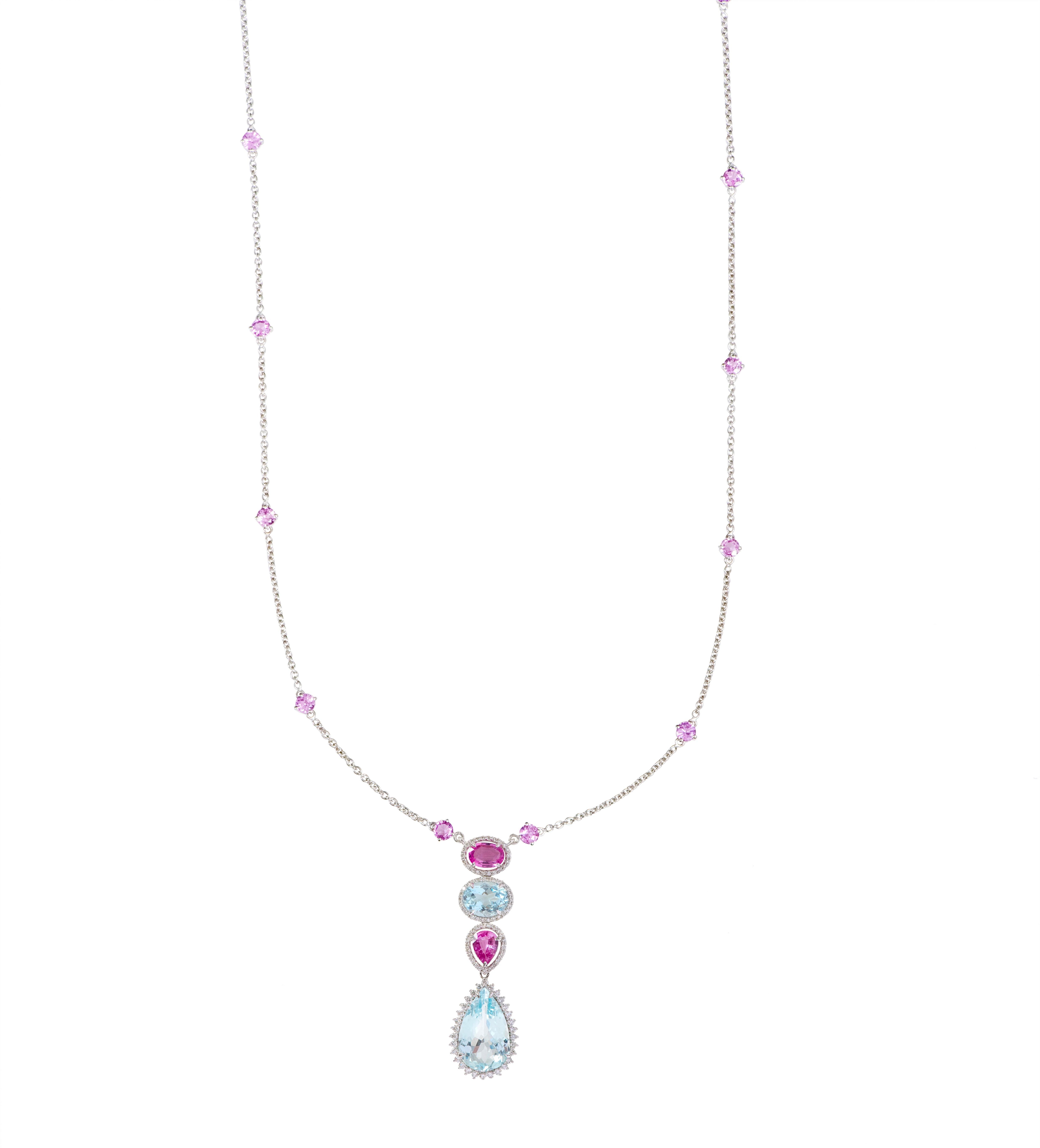 Women's 18 Karat Gold 12.81 Carat Aquamarine, Sapphire, and Diamond Pendant Necklace For Sale