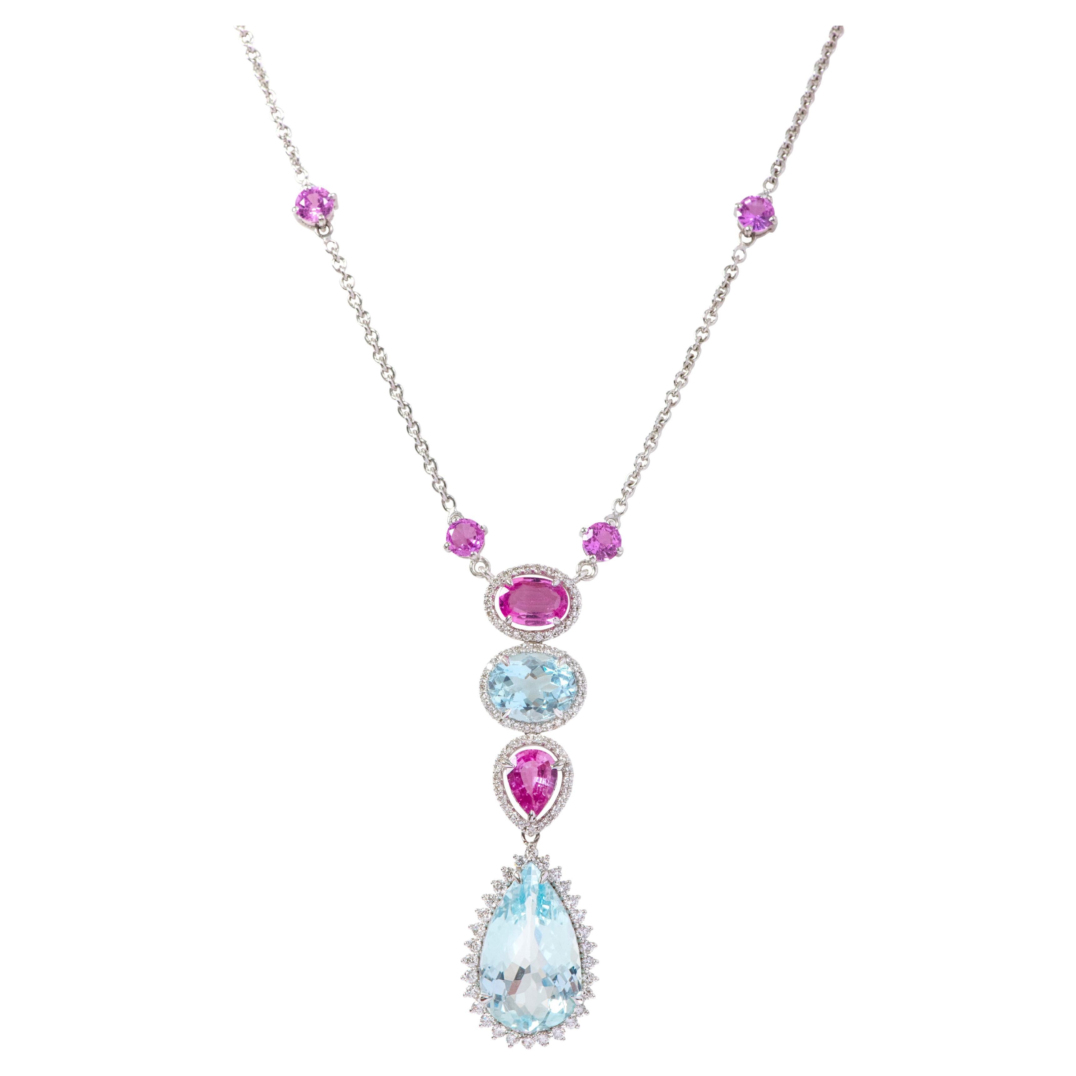18 Karat Gold 12.81 Carat Aquamarine, Sapphire, and Diamond Pendant Necklace For Sale