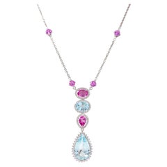 18 Karat Gold 12.81 Carat Aquamarine, Sapphire, and Diamond Pendant Necklace