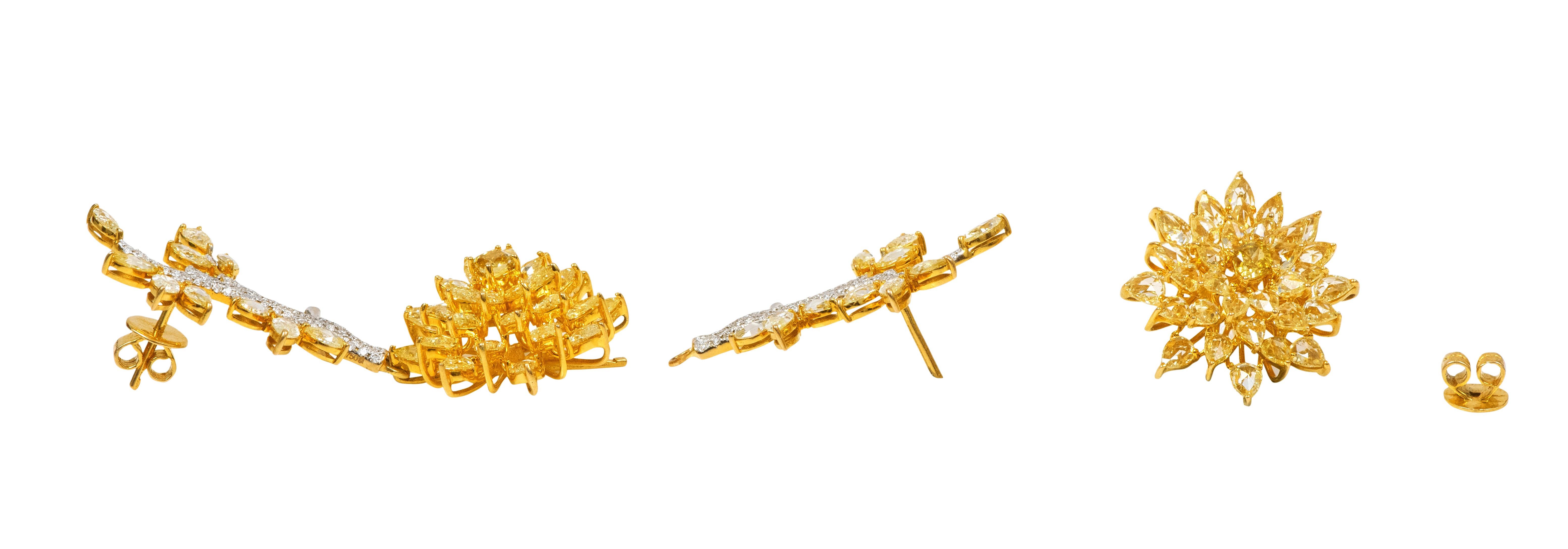 18 Karat Gold 12.86 Carat Yellow and White Diamond Two-Way Dangle & Stud Earring For Sale 4