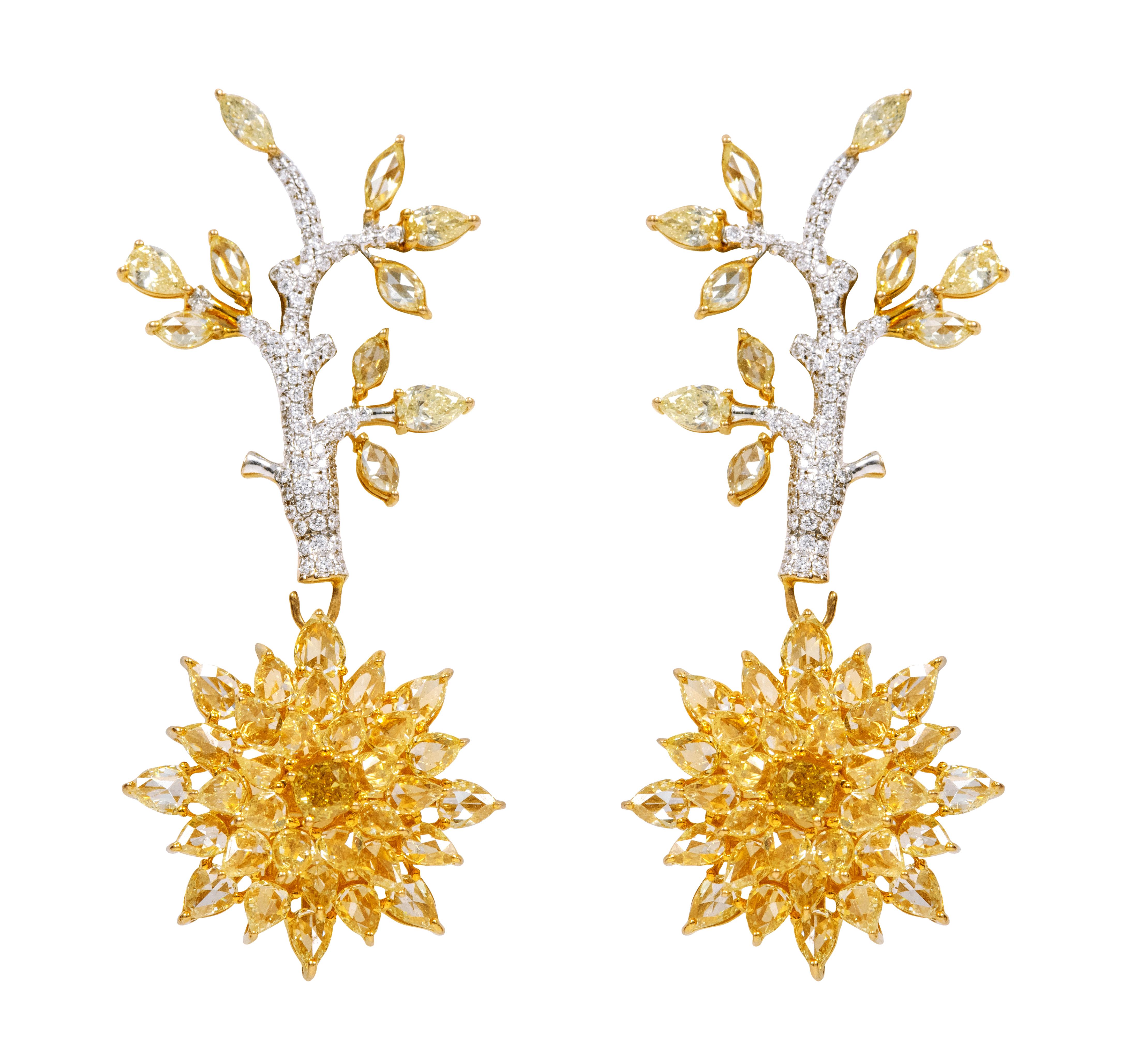 Rose Cut 18 Karat Gold 12.86 Carat Yellow and White Diamond Two-Way Dangle & Stud Earring For Sale