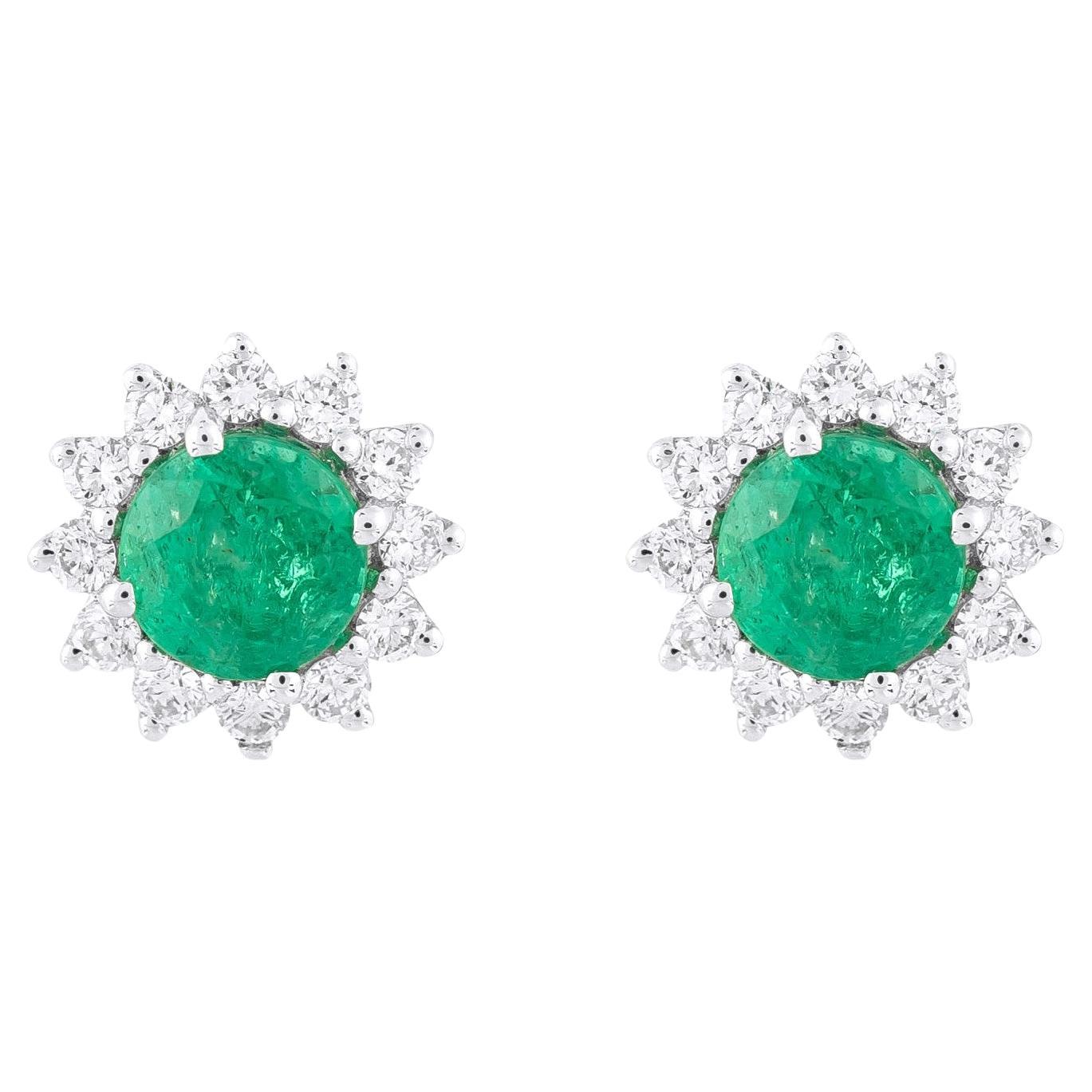 18 Karat Gold 1.29 Carat Diamond and Emerald Solitaire Stud Earrings For Sale