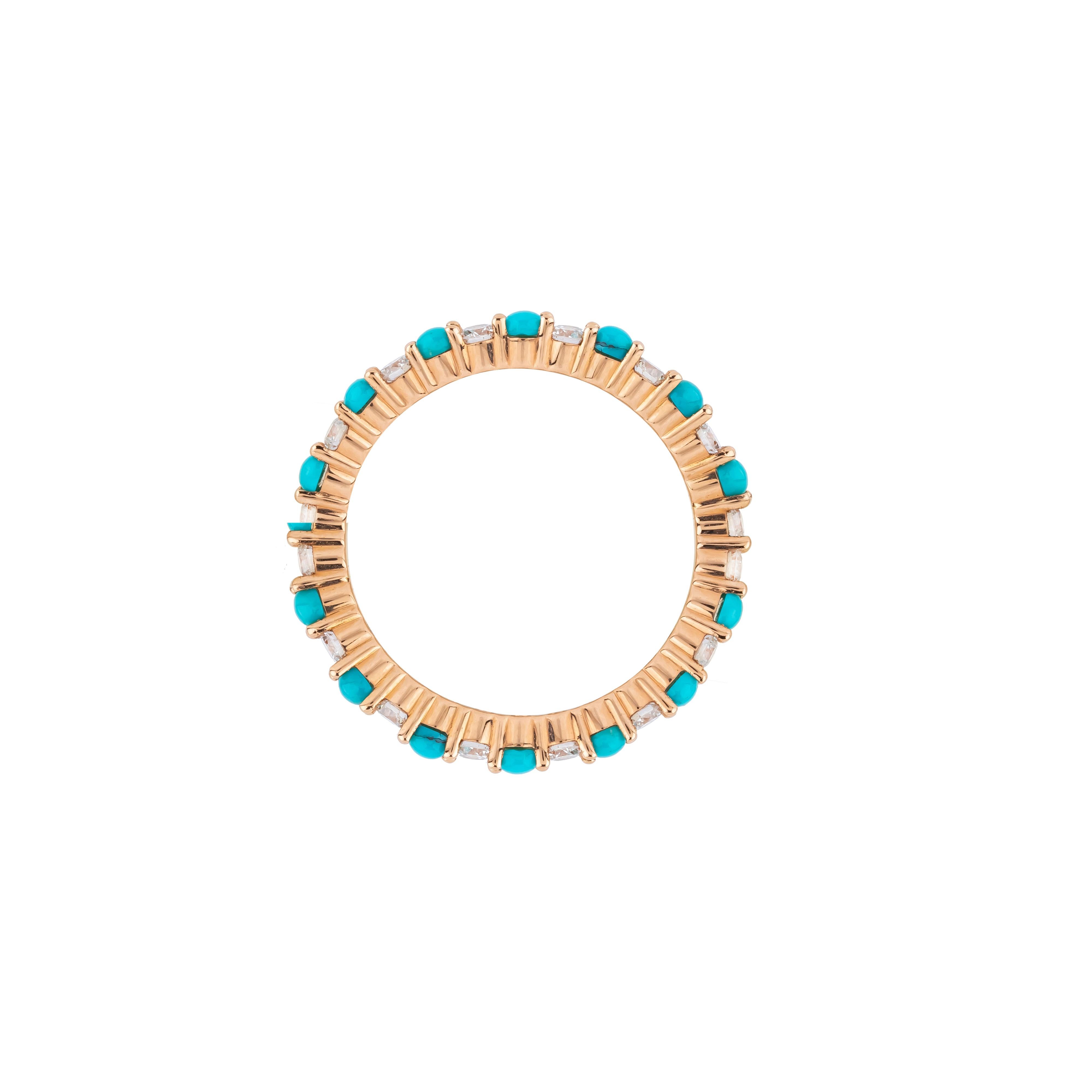 Un ingenioso equilibrio entre vitalidad y elegancia define el encanto de este Anillo Infinito de Oro de 18 Kilates con Diamantes y Turquesa de 1,29 Quilates. Tejido en un intrincado patrón infinito, el diseño simboliza una elegancia sin fin, que