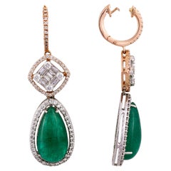 18 Karat Gold 13.39 Carat Zambian Emerald Cabochon and Diamond Dangle Earrings