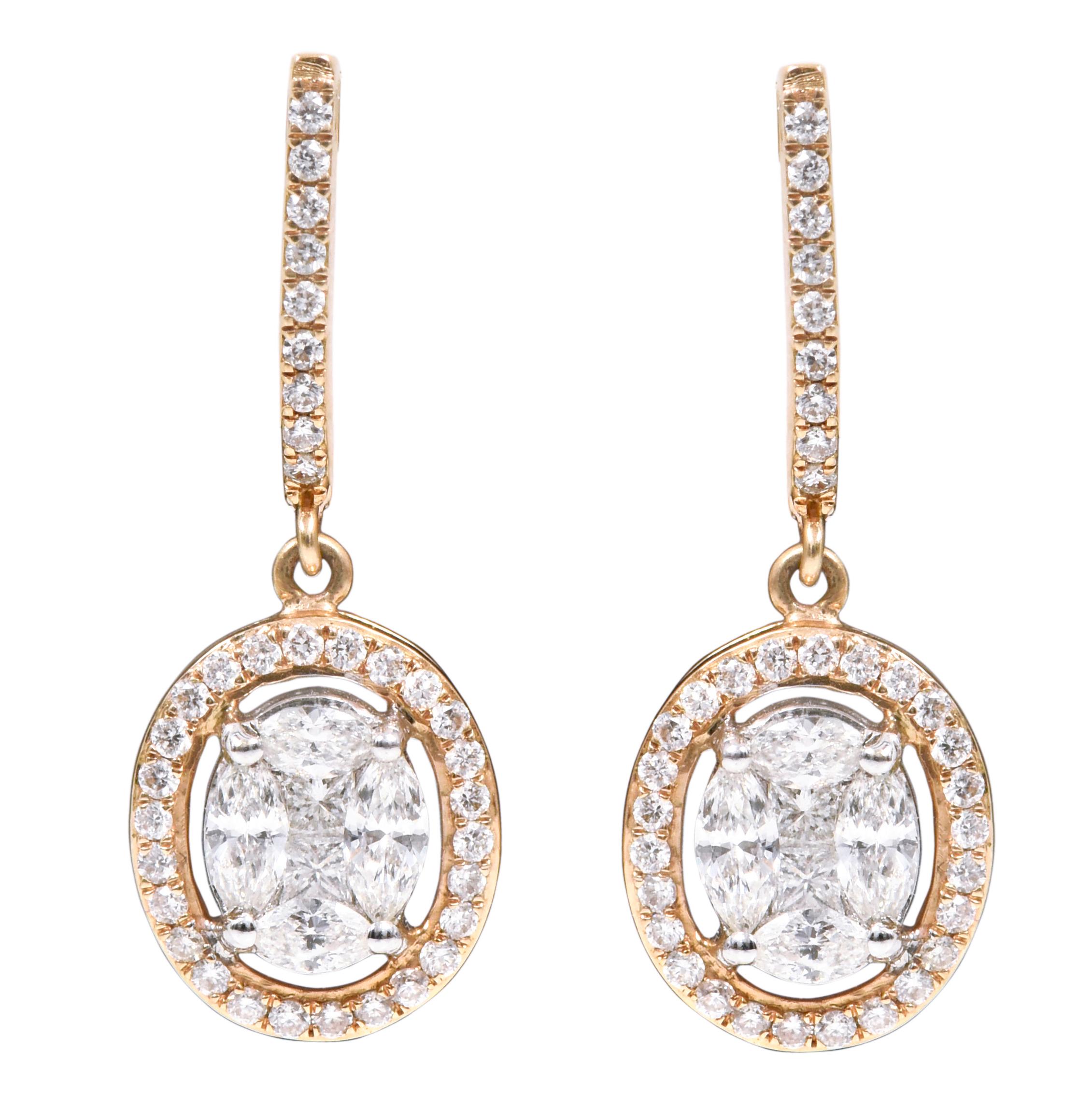 Women's 18 Karat Gold 1.34 Carat Diamond Oval Drop Earrings For Sale