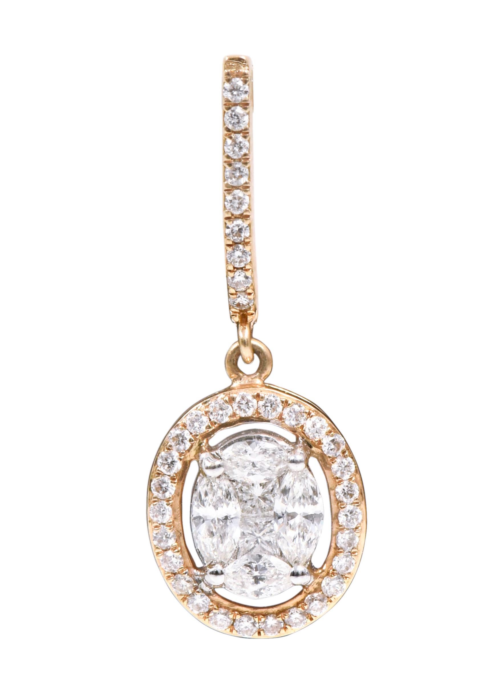 18 Karat Gold 1.34 Carat Diamond Oval Drop Earrings For Sale 1