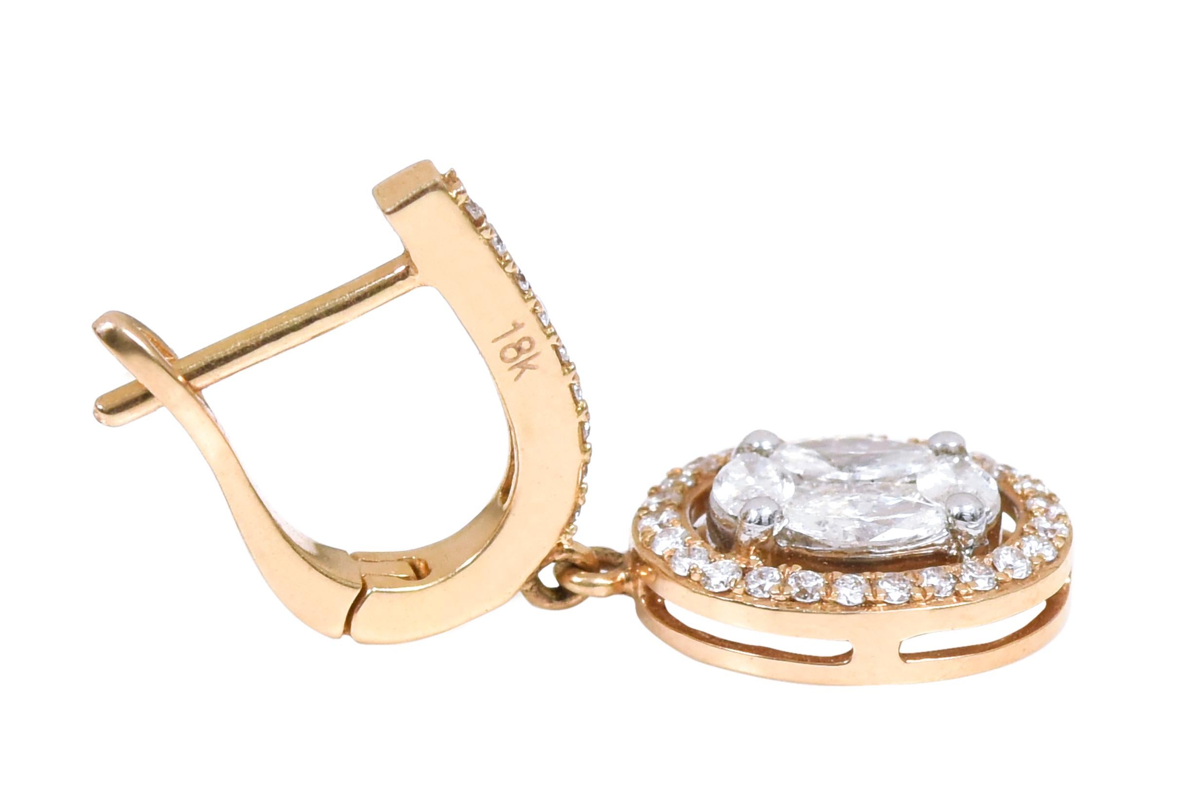 18 Karat Gold 1.34 Carat Diamond Oval Drop Earrings For Sale 2