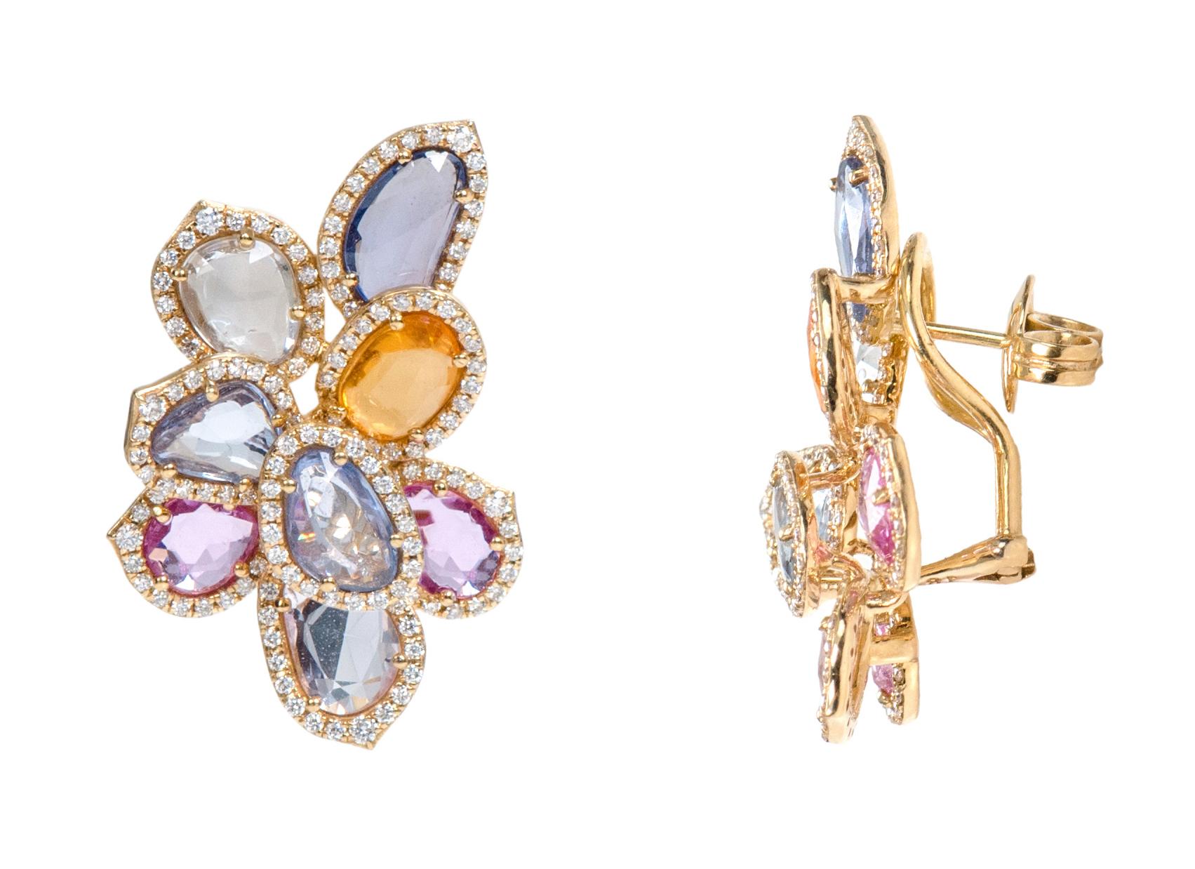 18 Karat Yellow Gold 13.56 Carat Multi-Sapphire and Diamond Cocktail Stud Earrings

This illustrious rainbow multi-sapphire and diamond stud earring is exquisite. The uneven mix shape rose cut multi-sapphires are skillfully placed one over the other