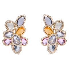 18 Karat Gold 13.56 Carat Multi-Sapphire and Diamond Cocktail Stud Earrings