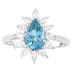 Anillo de moda de oro de 18 quilates con diamante y aguamarina de 1,36 quilates