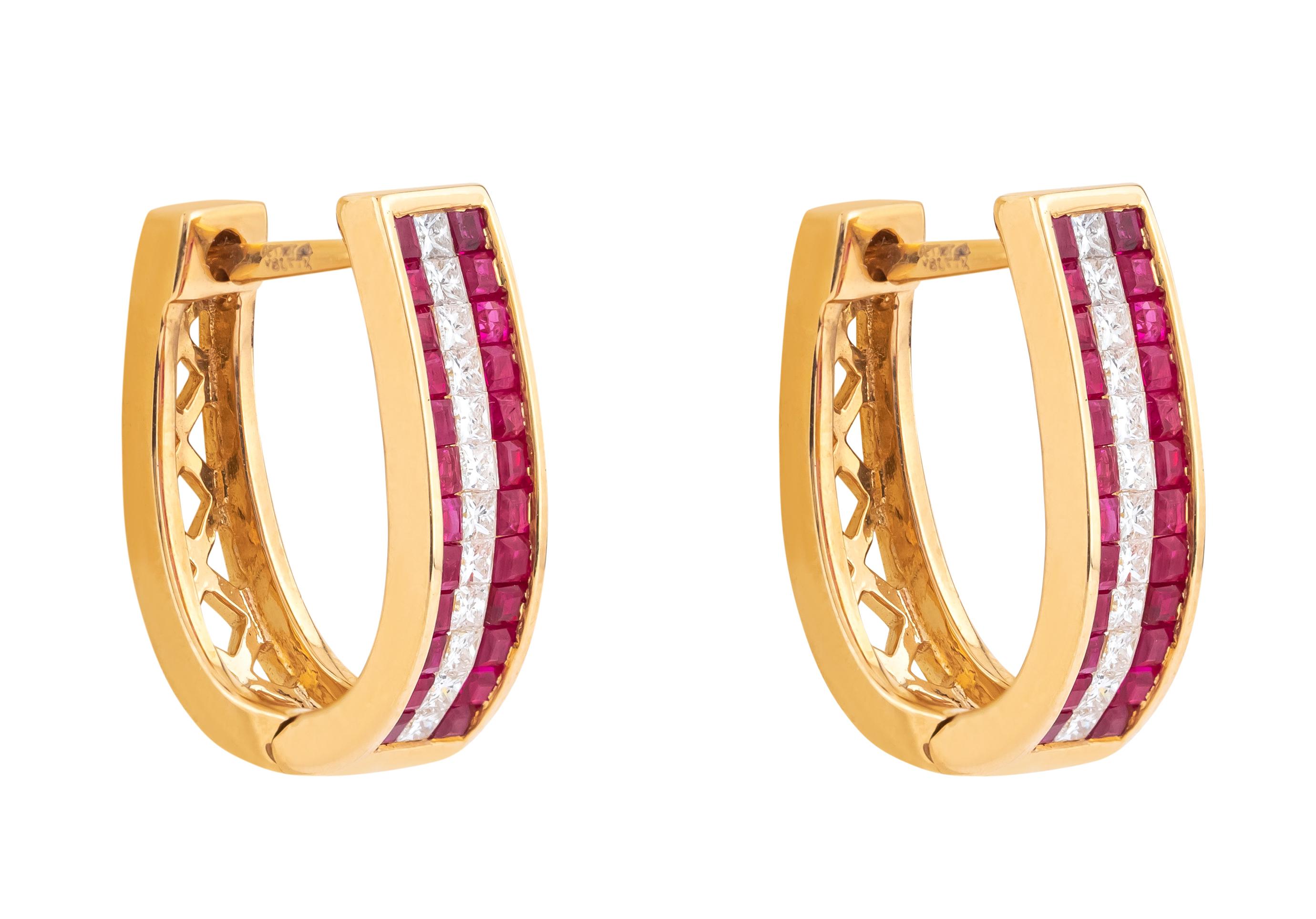 Contemporary 18 Karat Gold 1.36 Carat Ruby & Diamond Mini Hoop Earrings For Sale