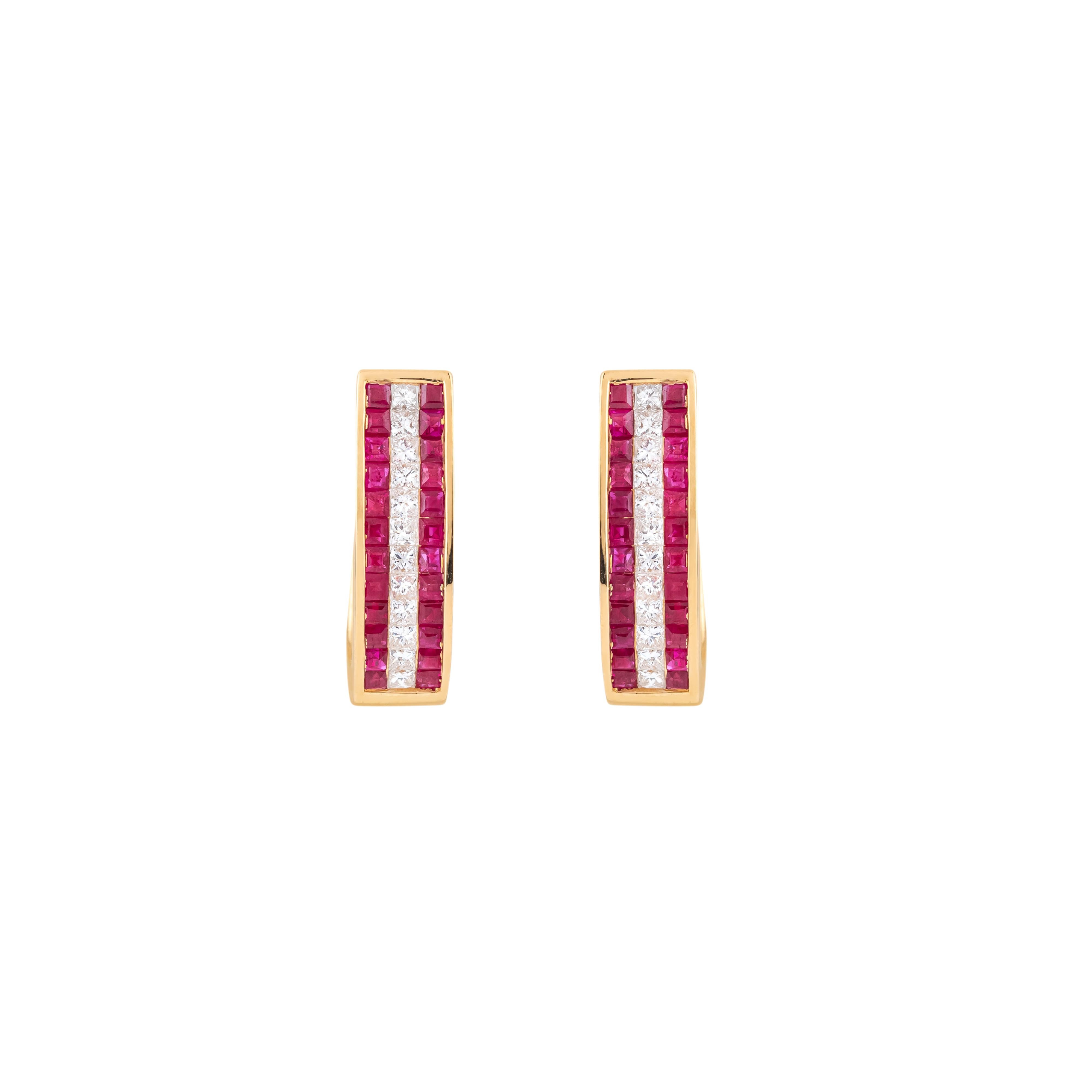 Women's 18 Karat Gold 1.36 Carat Ruby & Diamond Mini Hoop Earrings For Sale