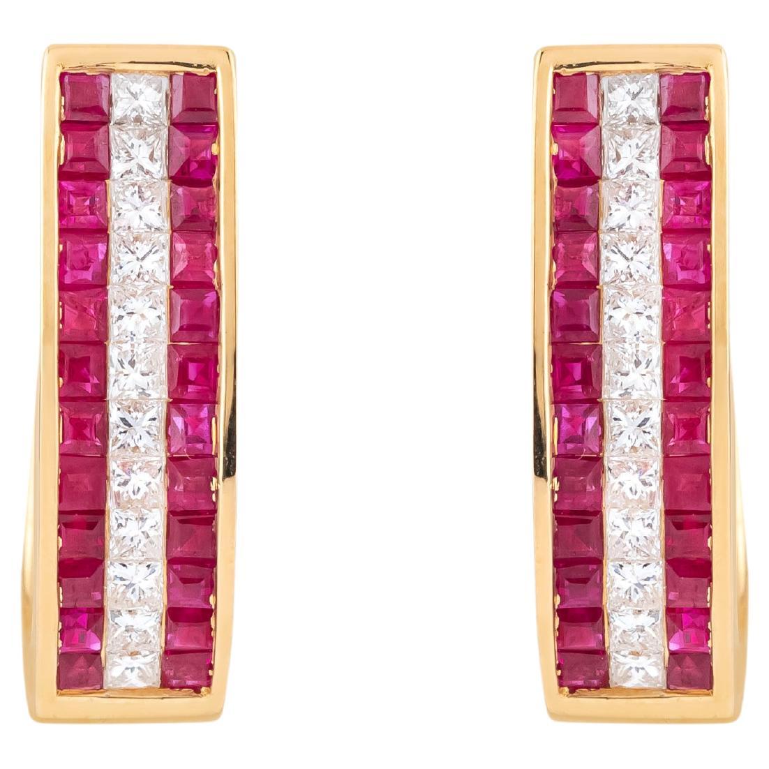 18 Karat Gold 1.36 Carat Ruby & Diamond Mini Hoop Earrings