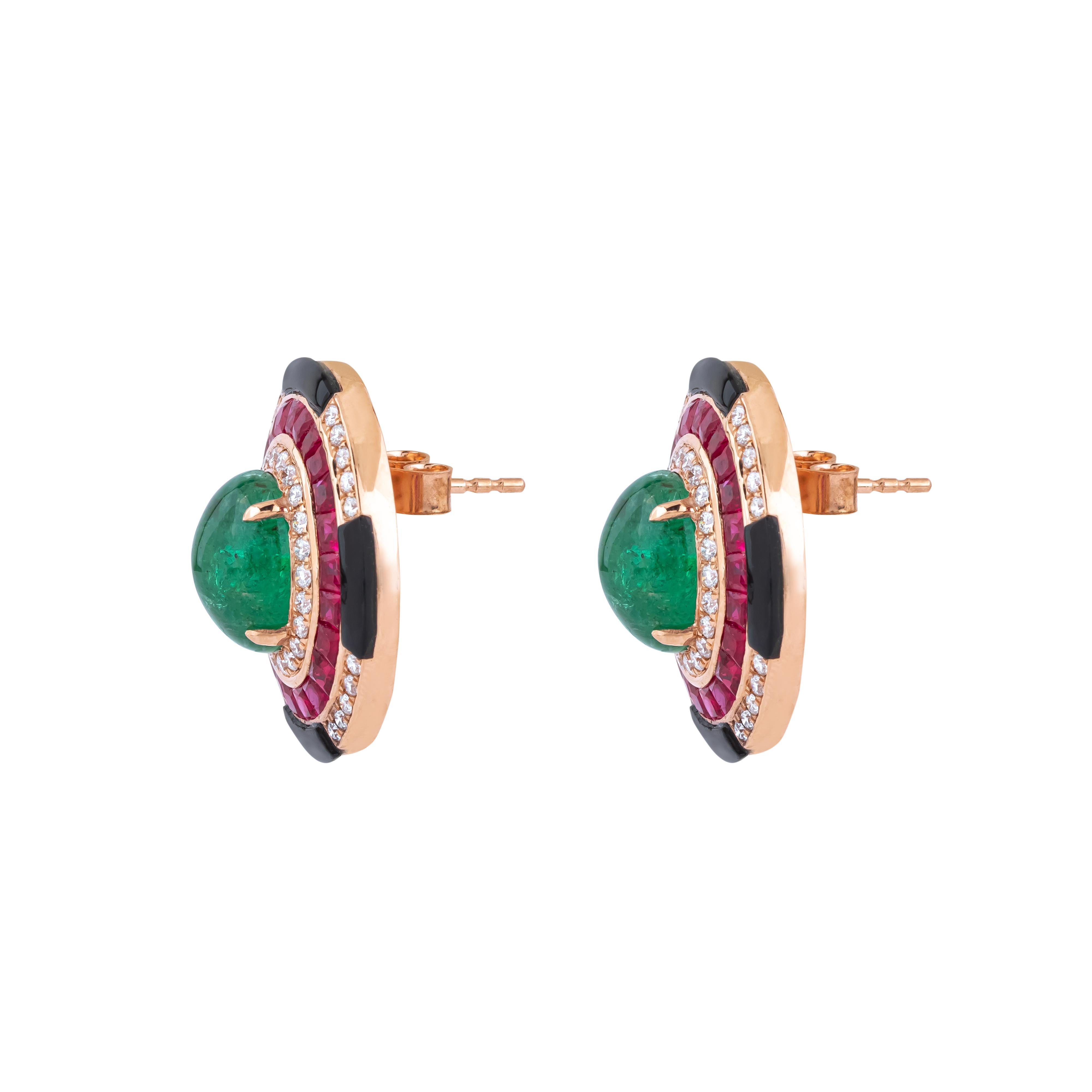 The allure of opulence and intricate craftsmanship defines the 18 Karat Gold 13.7 Carat Diamond, Black Onyx, Emerald, and Ruby Stud Earrings. These uniquely curated pieces are designed to exude sophistication and elegance, making them a stunning