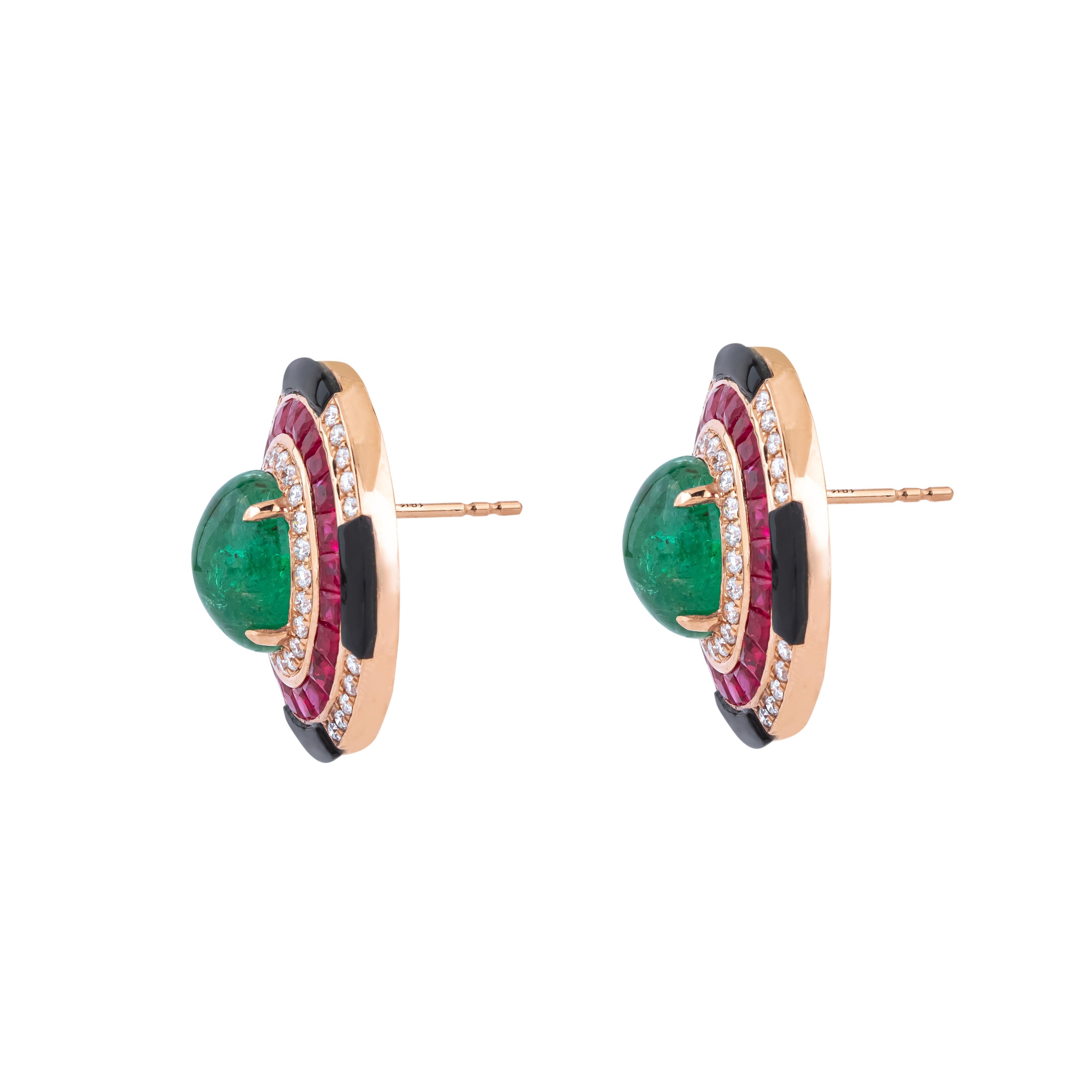 18 Karat Gold 13.7 Carat Diamond, Black Onyx, Emerald and Ruby Stud Earrings In New Condition For Sale In Jaipur, IN