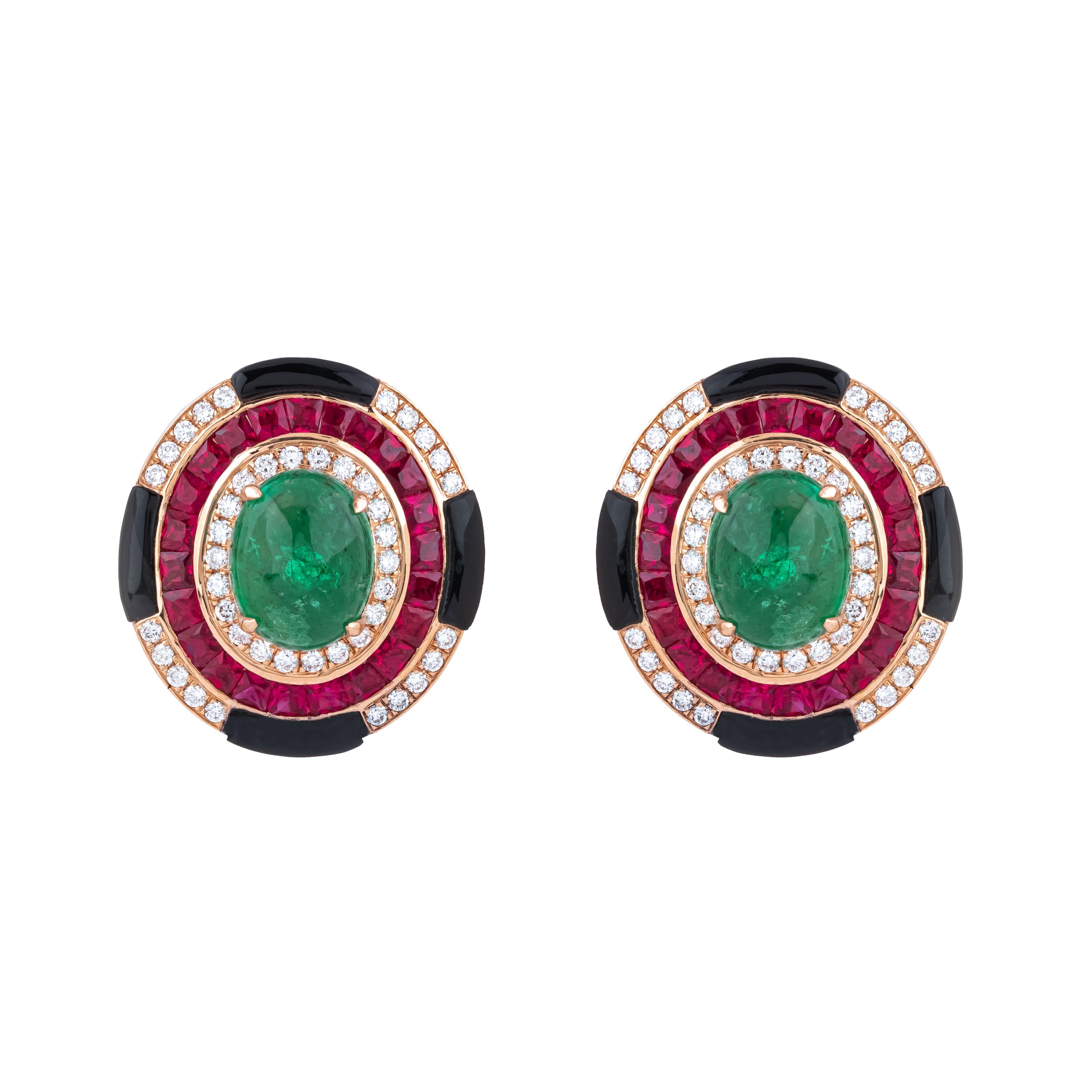 Women's 18 Karat Gold 13.7 Carat Diamond, Black Onyx, Emerald and Ruby Stud Earrings For Sale
