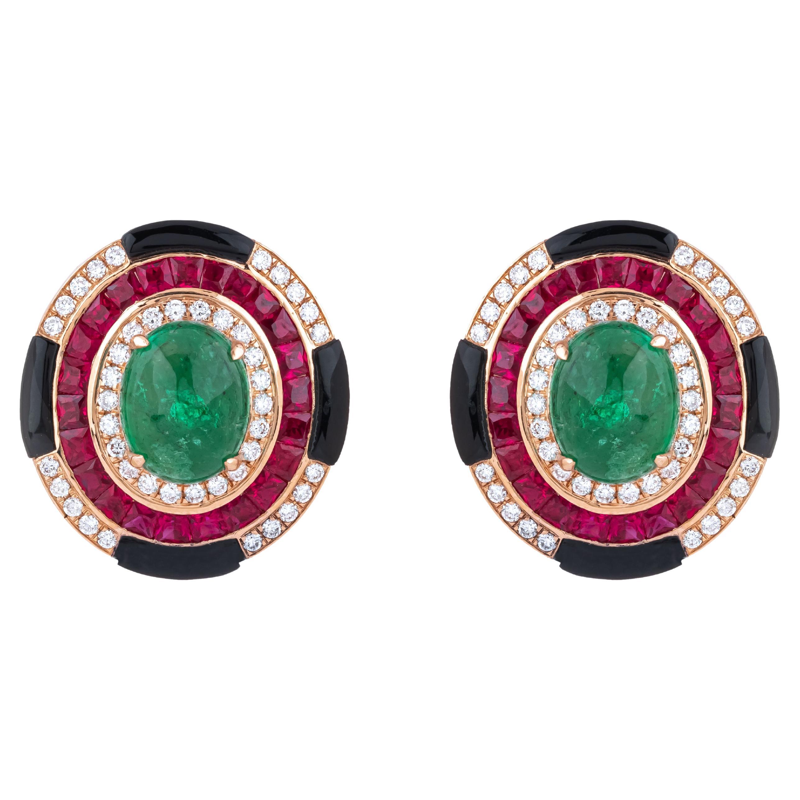 18 Karat Gold 13.7 Carat Diamond, Black Onyx, Emerald and Ruby Stud Earrings For Sale