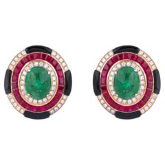 Pendientes de oro de 18 quilates con diamantes de 13,7 quilates, ónice negro, esmeralda y rubí