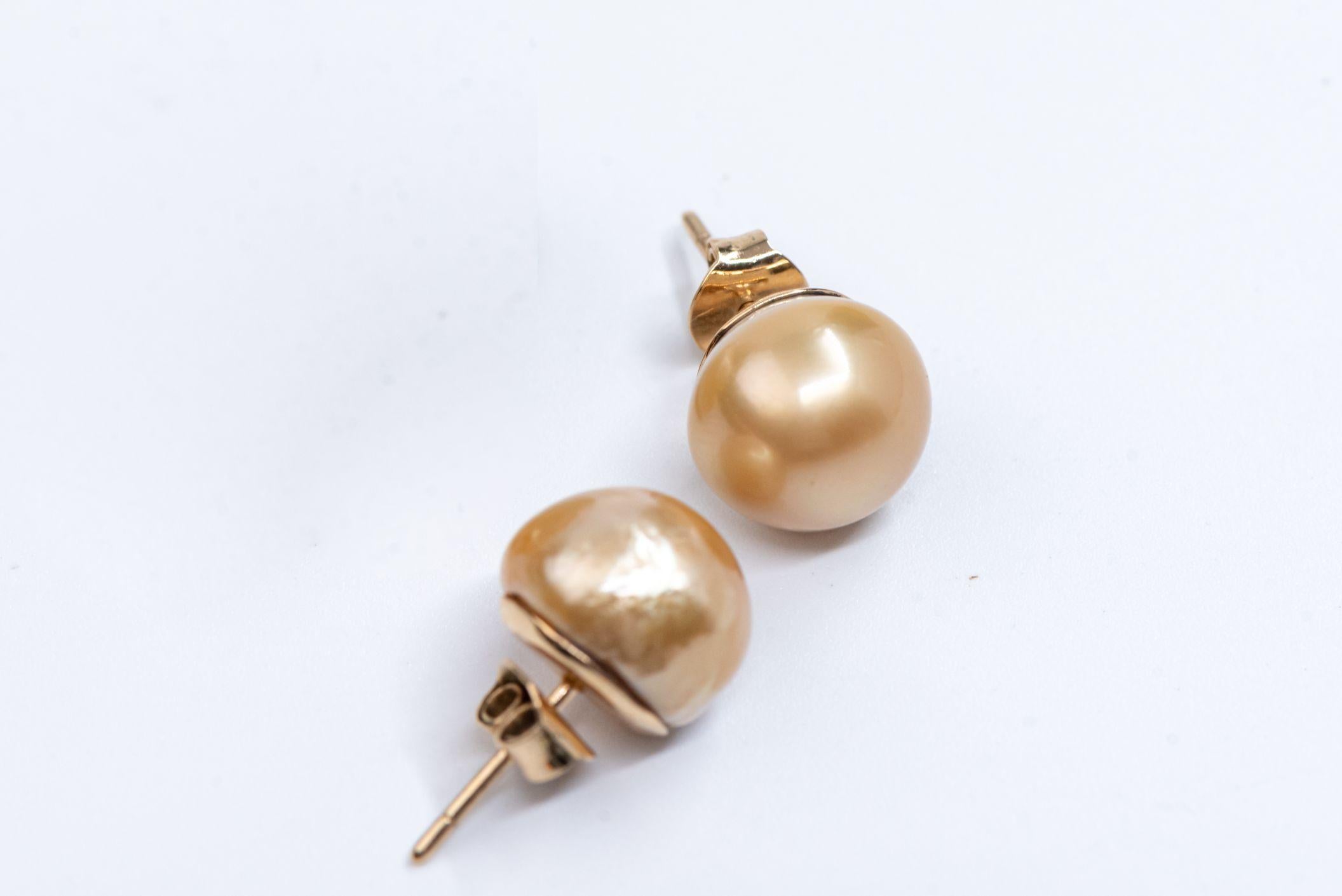 Uncut 18 Karat Gold Baroque South Sea Pearl Stud Earrings For Sale