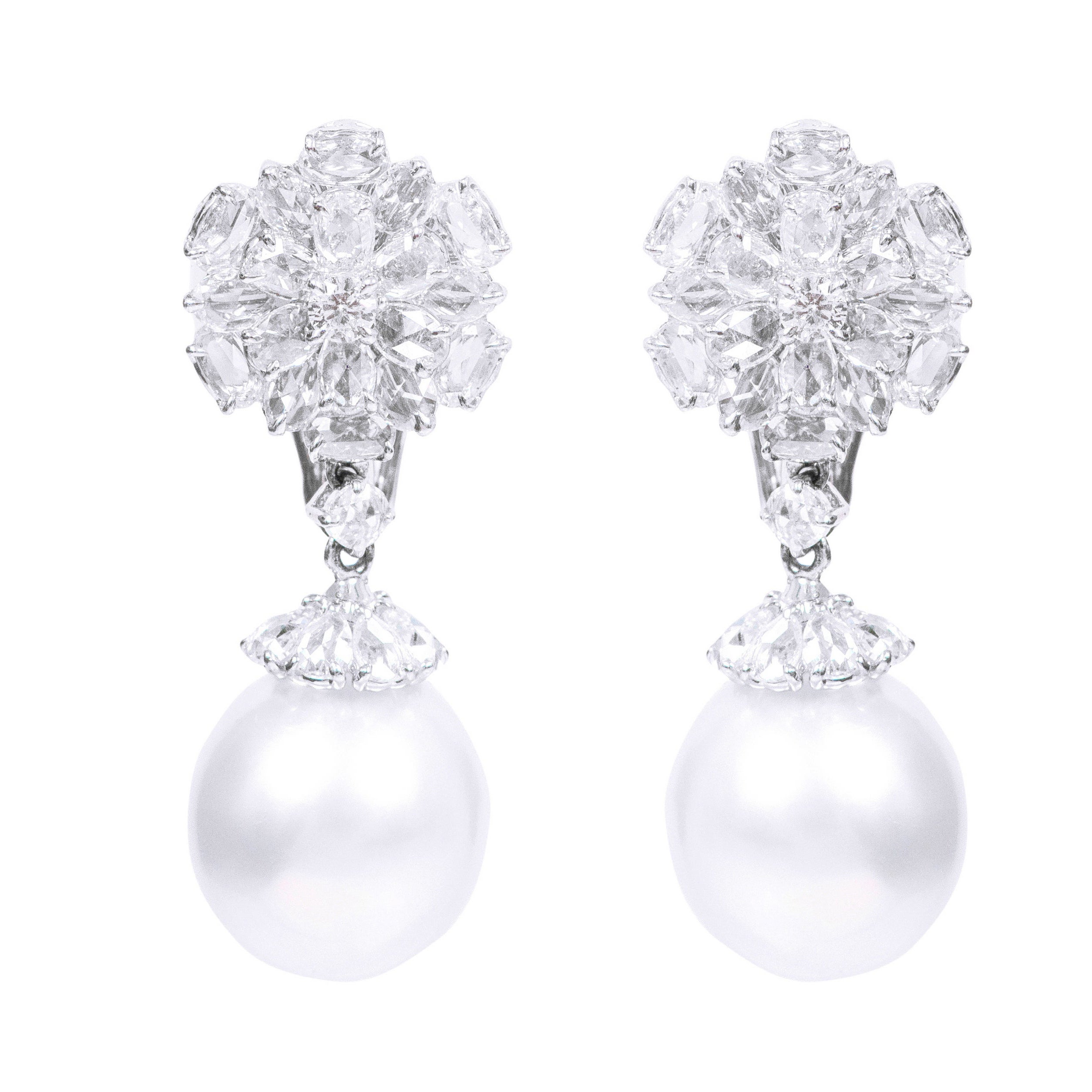 Pendants d'oreilles en or 18 carats avec diamants et perles de 14,04 carats